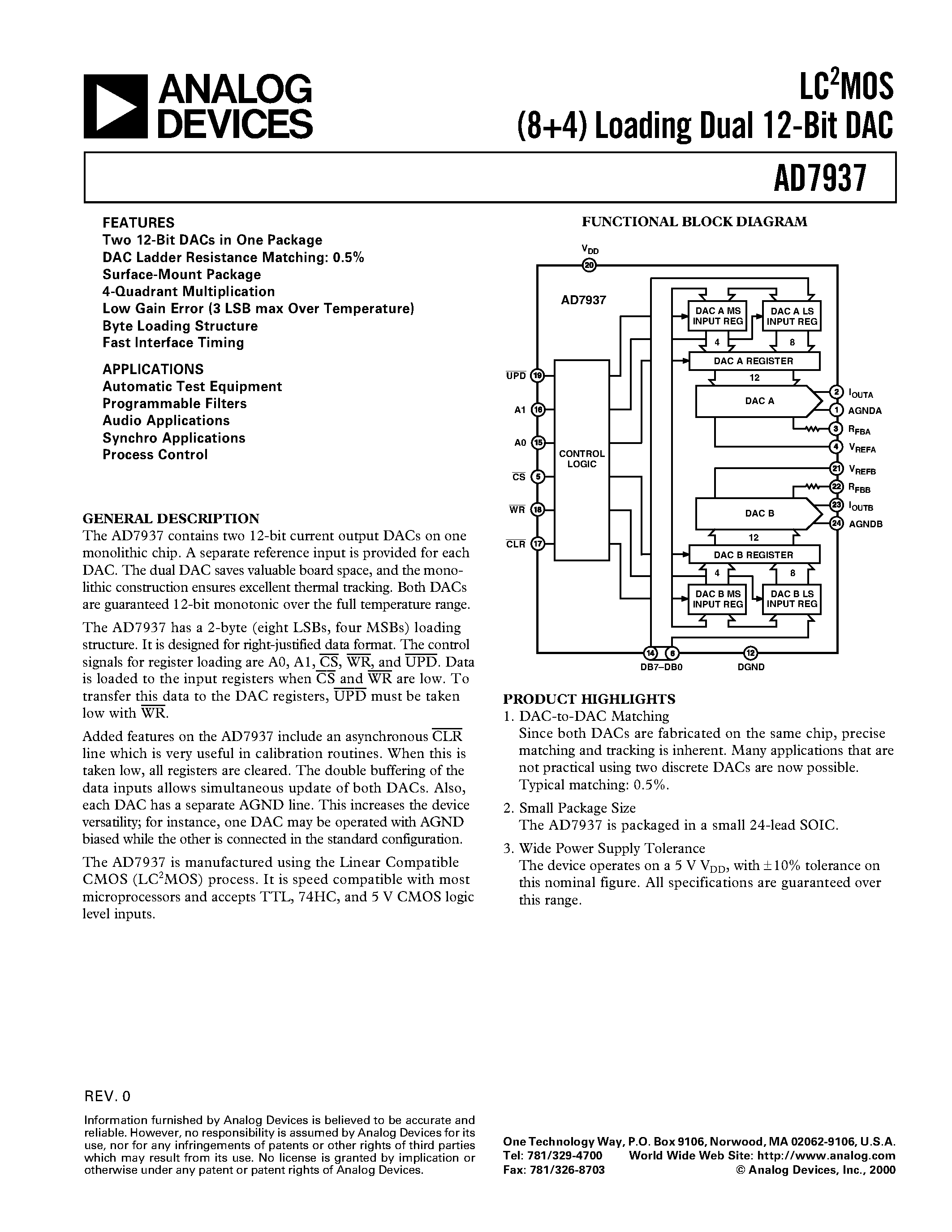 Даташит AD7937 - LC2MOS 8+4 Loading Dual 12-Bit DAC страница 1