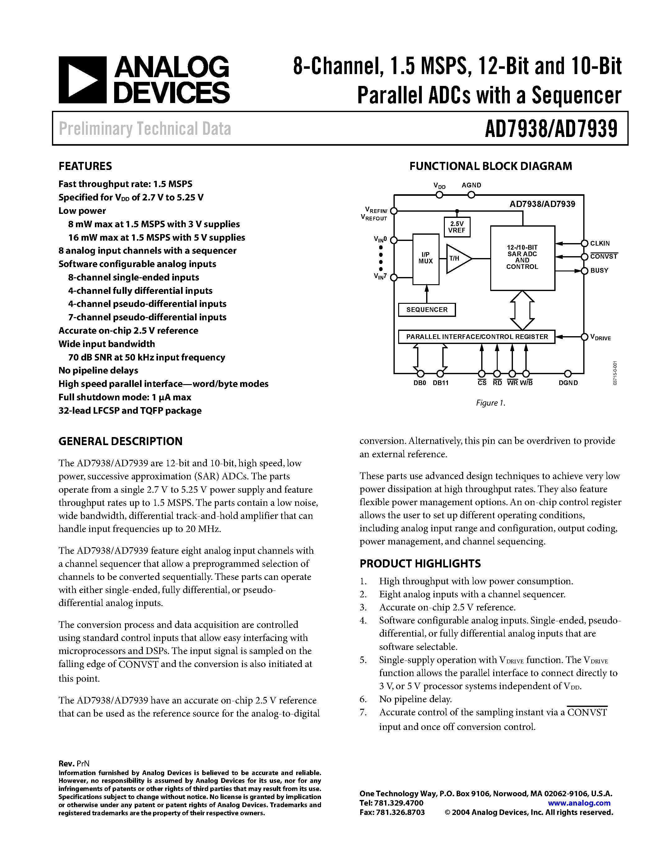 Даташит AD7938 - 8-Channel/ 1.5 MSPS/ 12-Bit and 10-Bit Parallel ADCs with a Sequencer страница 1