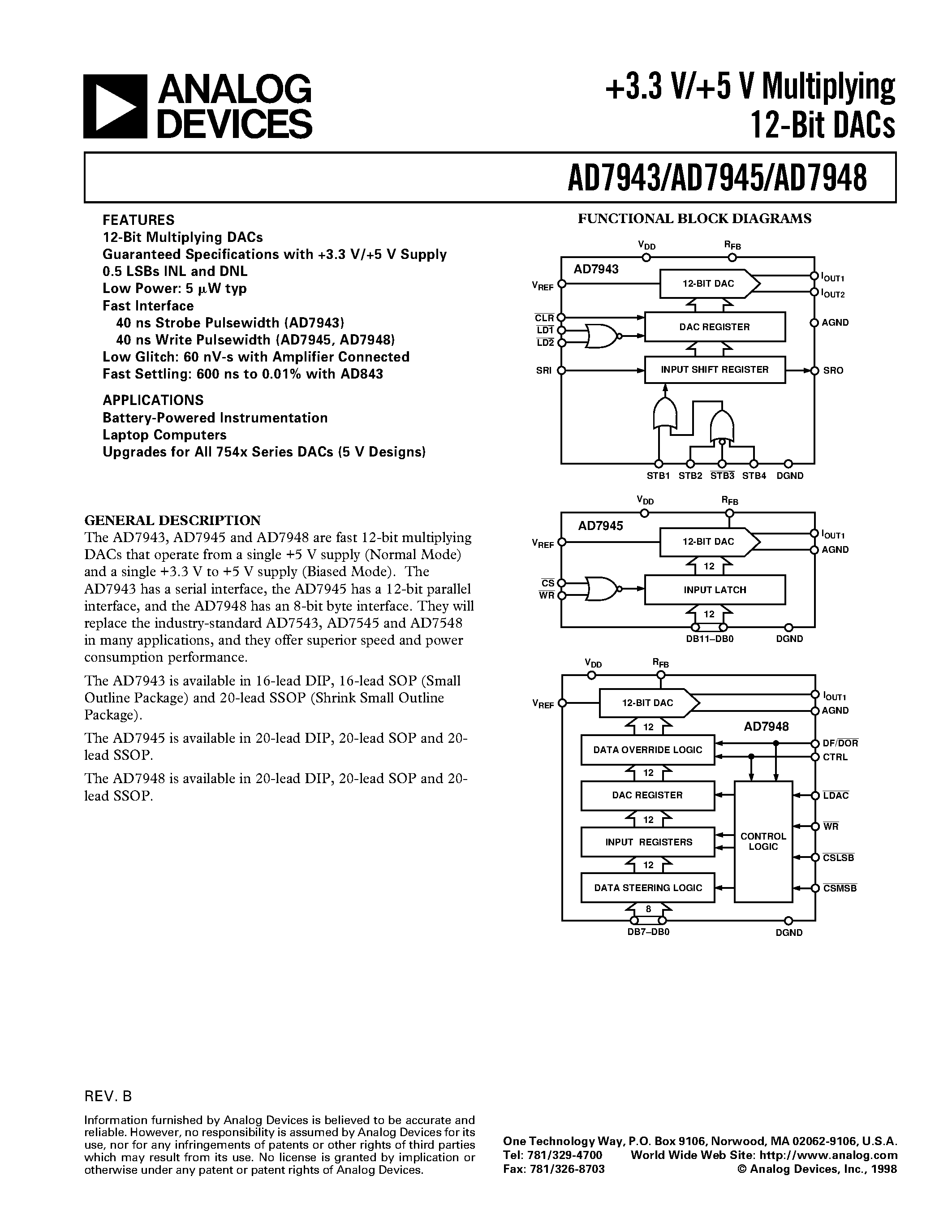 Даташит AD7943 - +3.3 V/+5 V Multiplying 12-Bit DACs страница 1