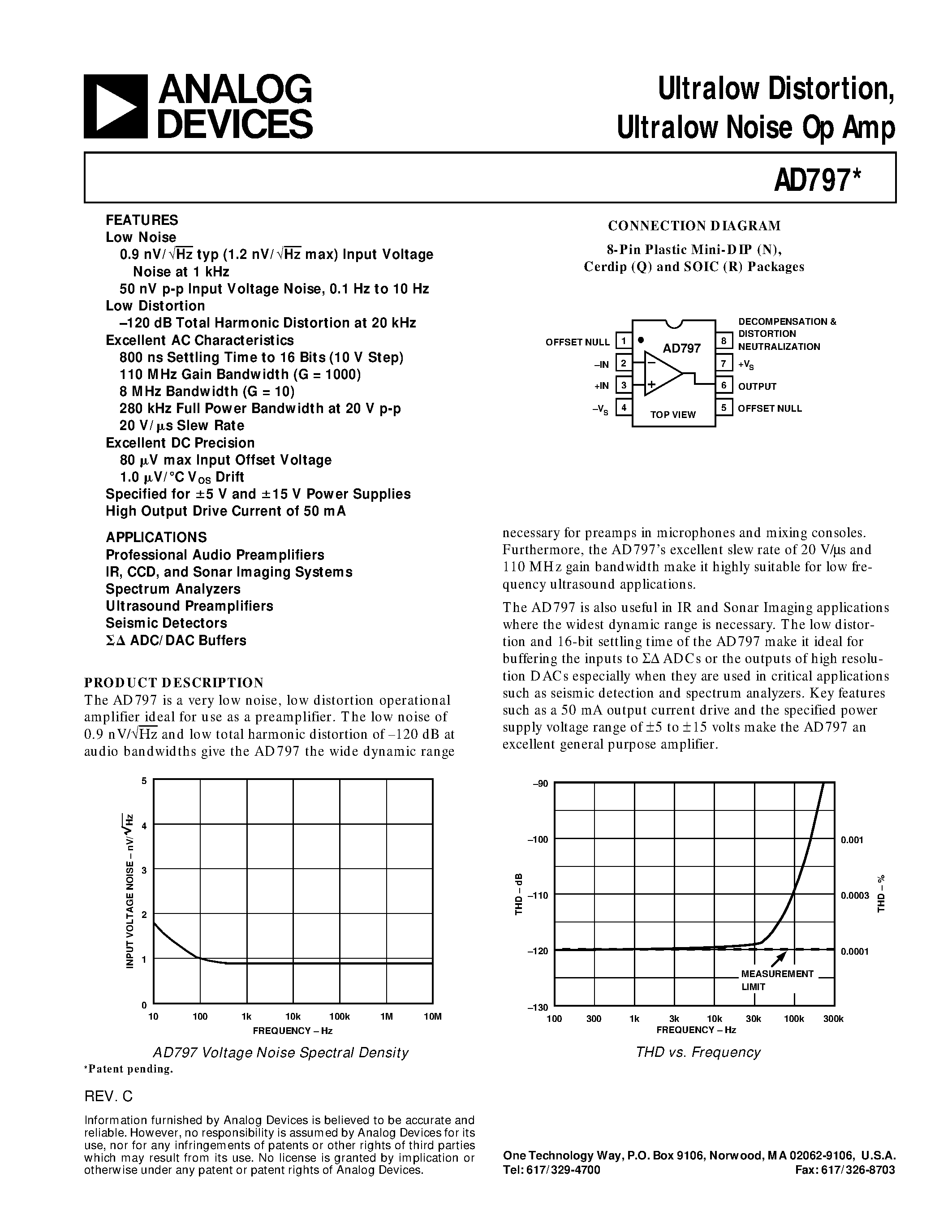 Даташит AD797 - Ultralow Distortion/ Ultralow Noise Op Amp страница 1