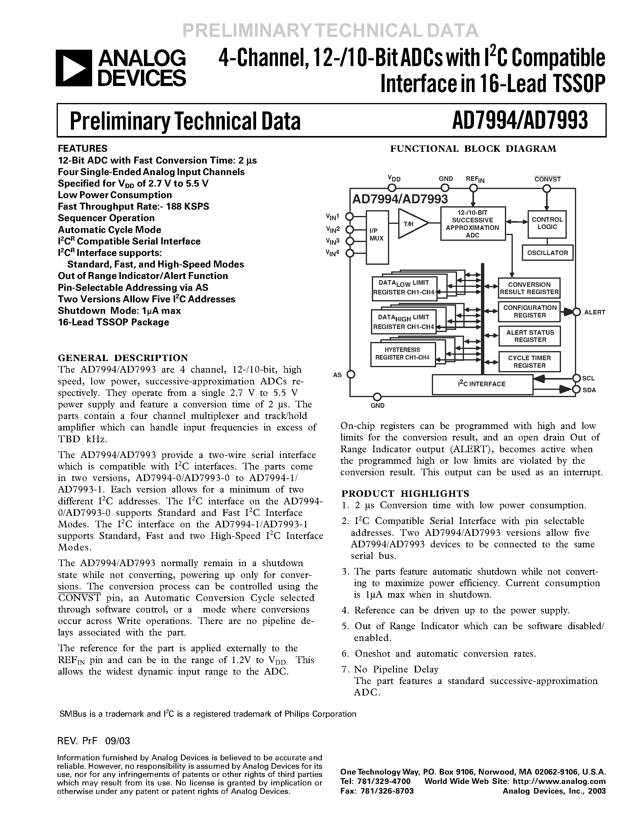 Datasheet AD7993 - 4-Channel/ 12-/10-Bit ADCs with I2C Compatible Interface in 16-Lead TSSOP page 1