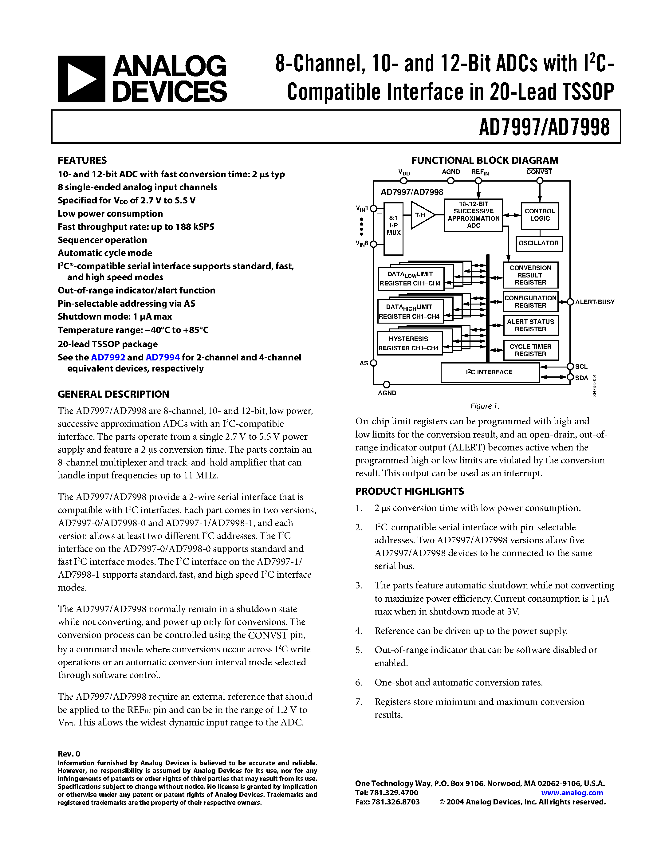 Datasheet AD7997 - 8-Channel/ 10- and 12-Bit ADCs with I2CCompatible page 1