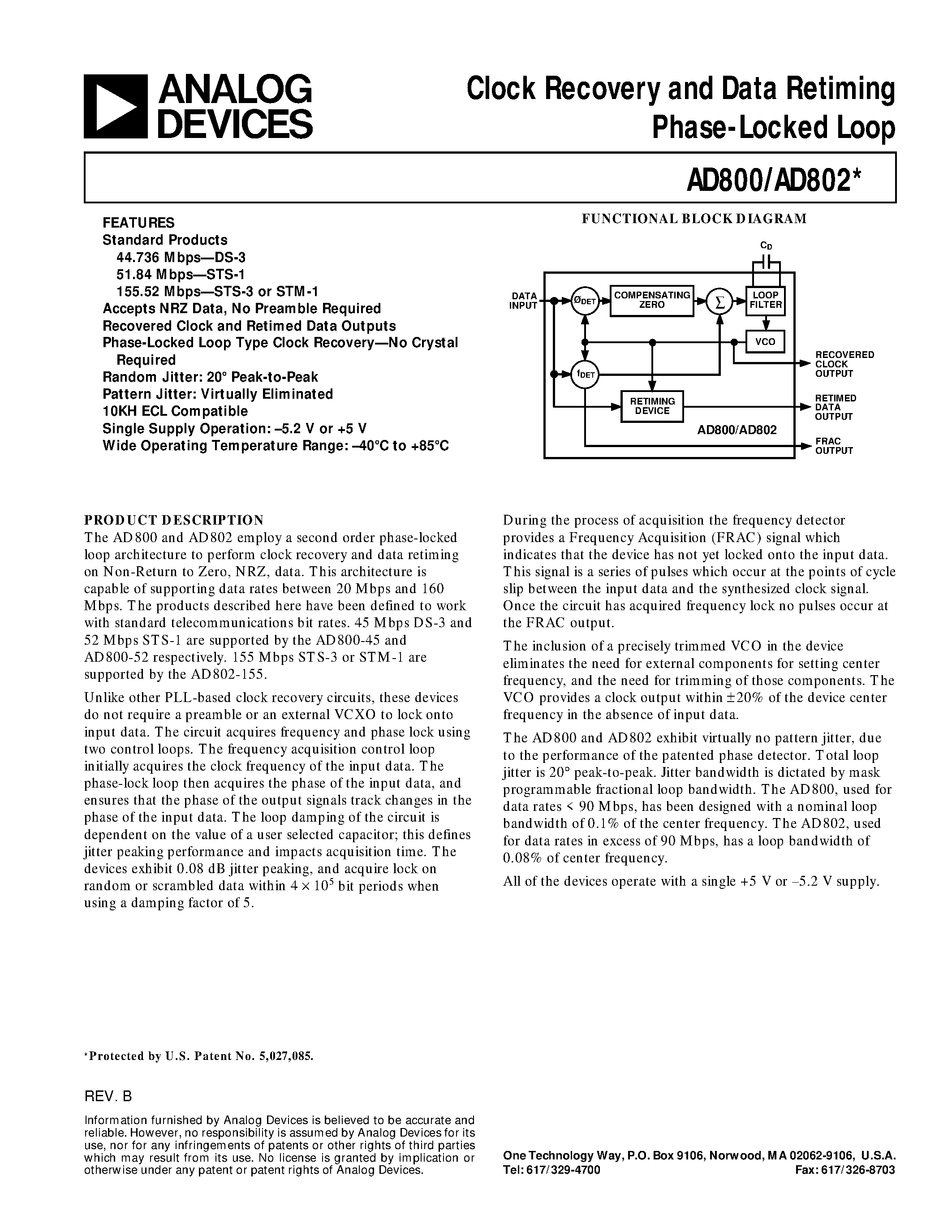 Datasheet AD800 - Clock Recovery and Data Retiming Phase-Locked Loop page 1