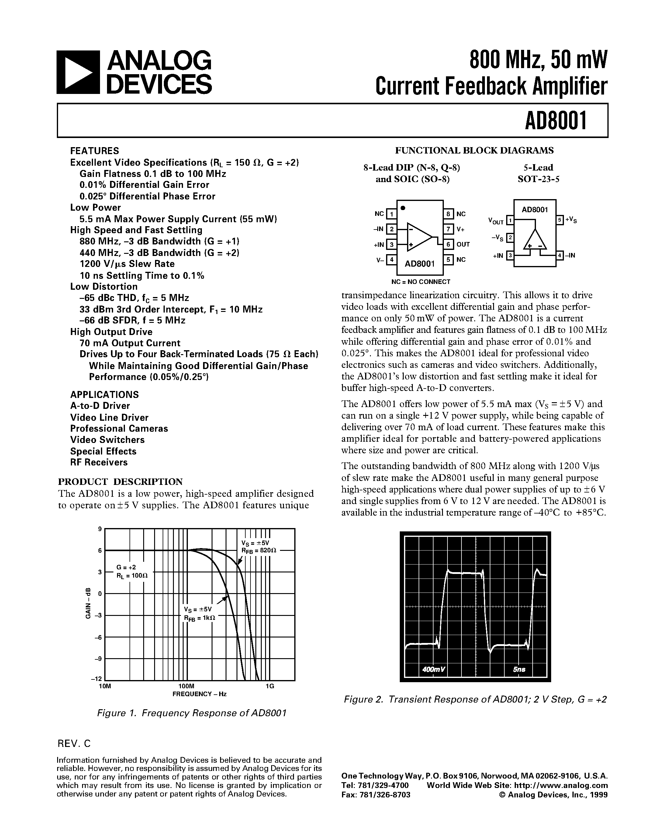 Datasheet AD8001 - 800 MHz/ 50 mW Current Feedback Amplifier page 1