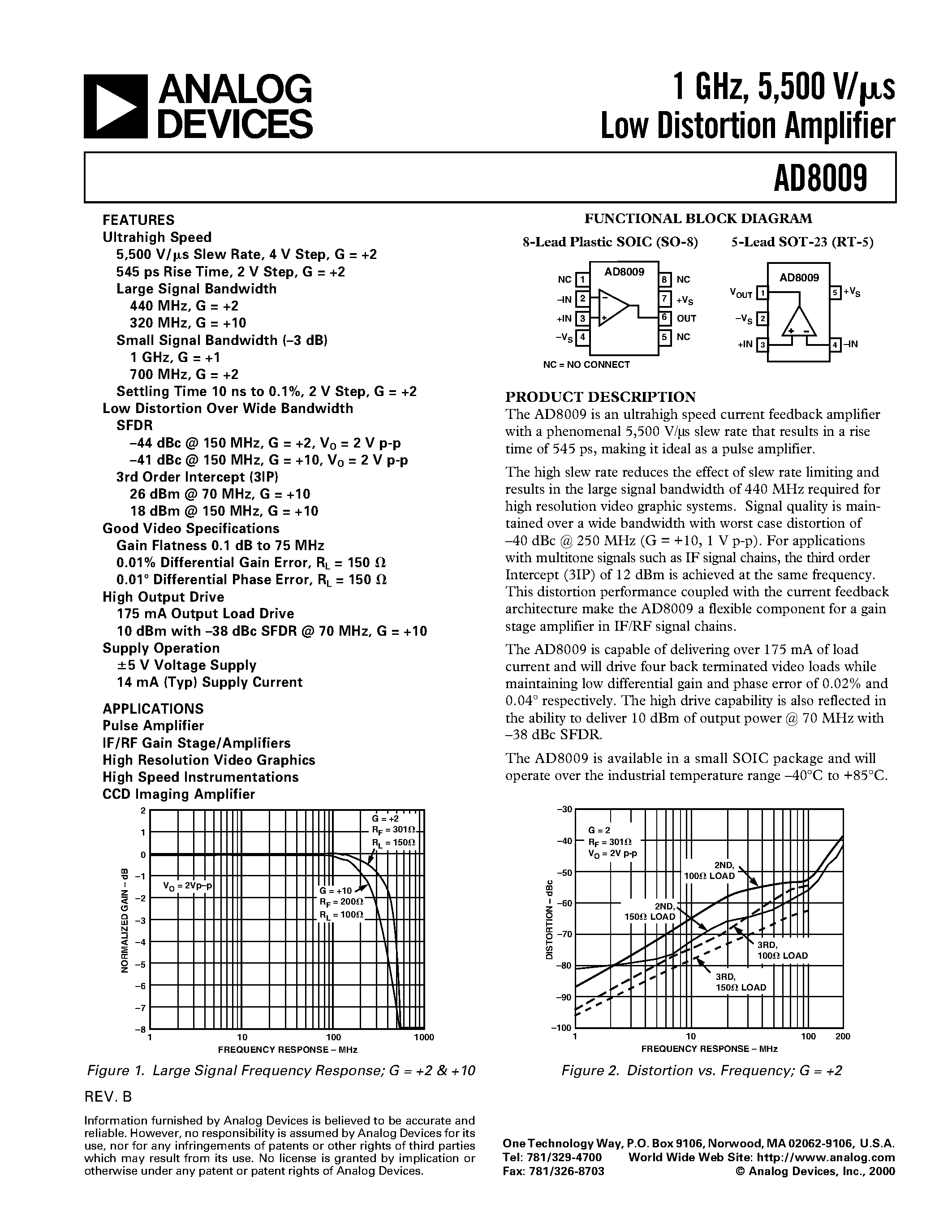 Даташит на микросхему AD8009 страница 1 Даташит AD8009 - 1 GHz/ 5/500 V/us Low Distortion Amplifier страница 1