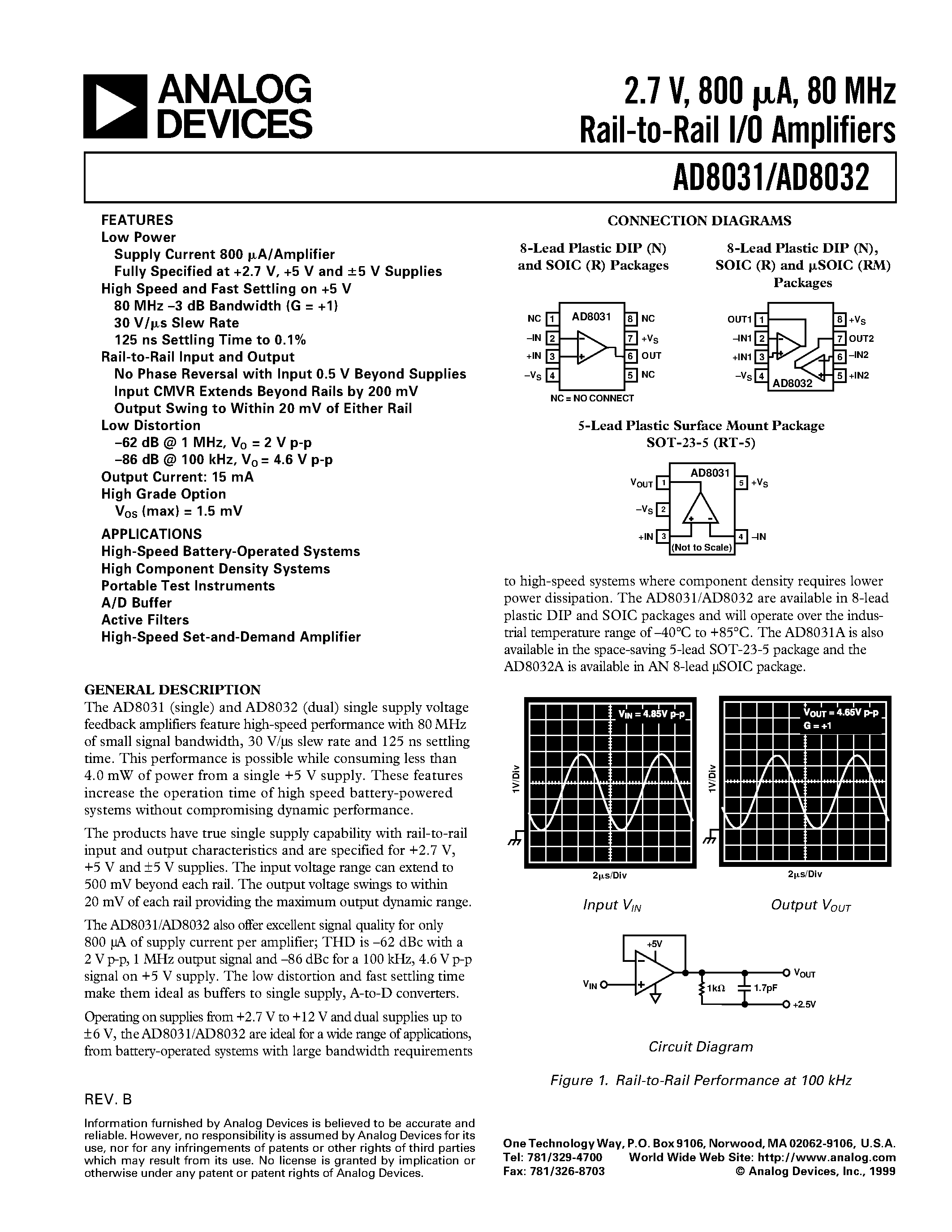 Даташит AD8032AR - 2.7 V/ 800 uA/ 80 MHz Rail-to-Rail I/O Amplifiers страница 1