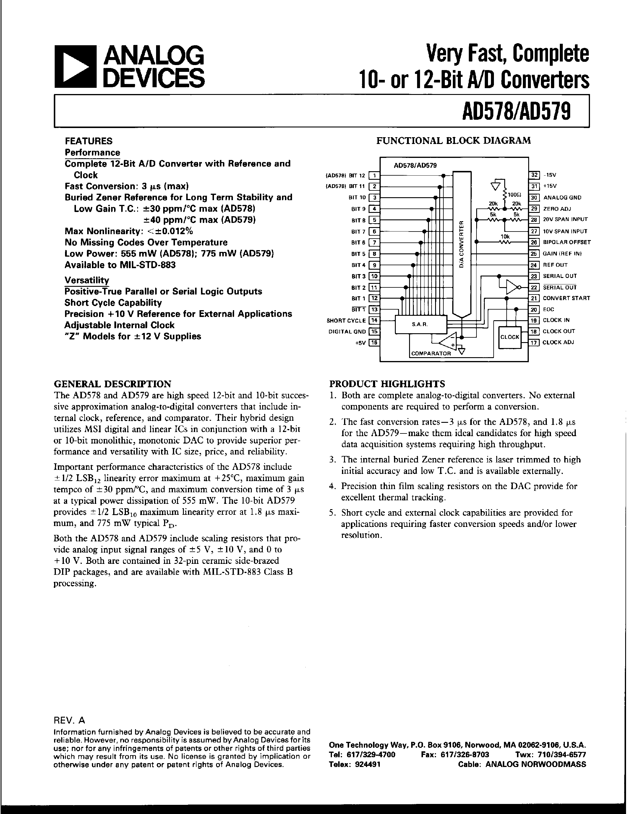 Datasheet AD579TD - VERY FAST/ COMPLETE 10- OR 12-BIT A/D CONVERTERS page 1