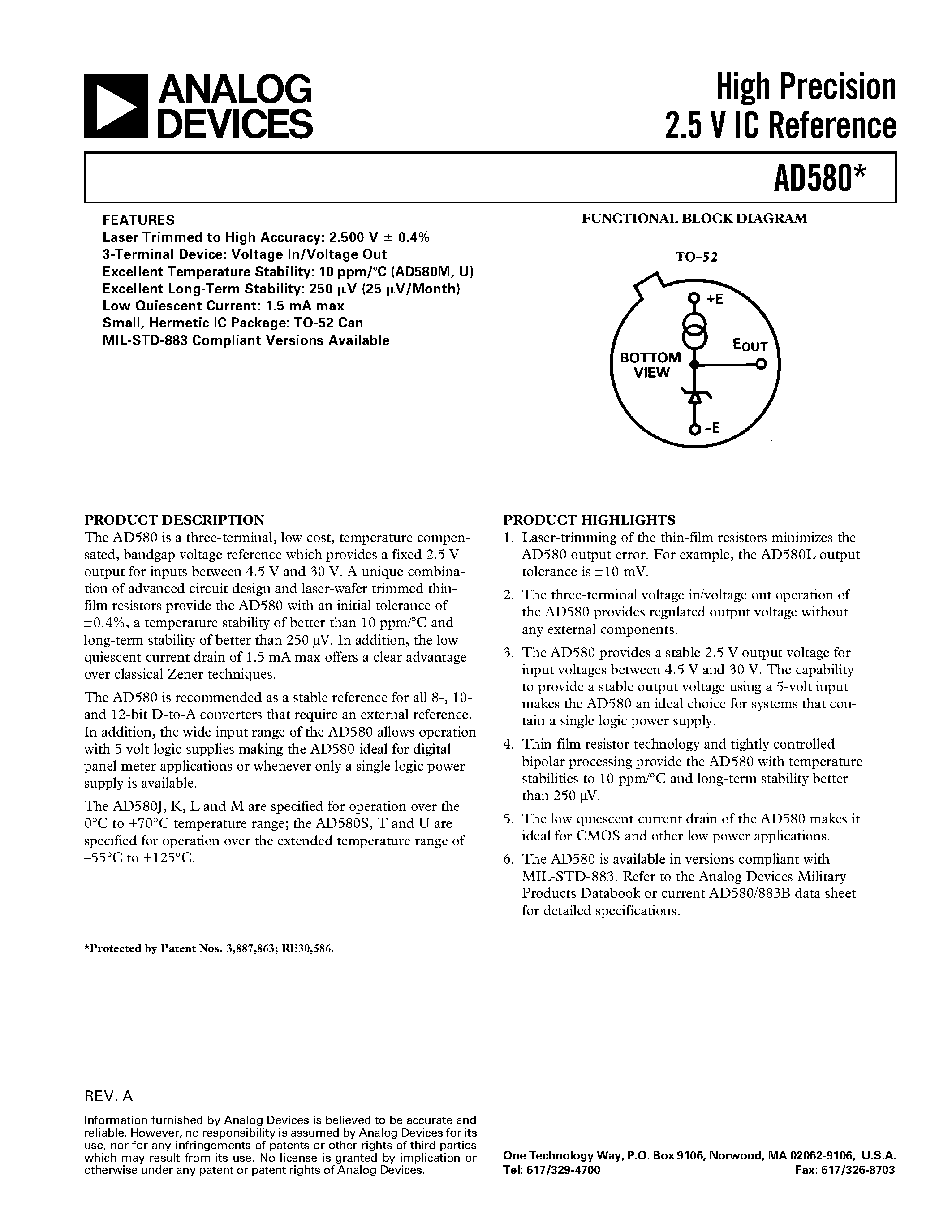 Datasheet AD580 - High Precision 2.5 V IC Reference page 1