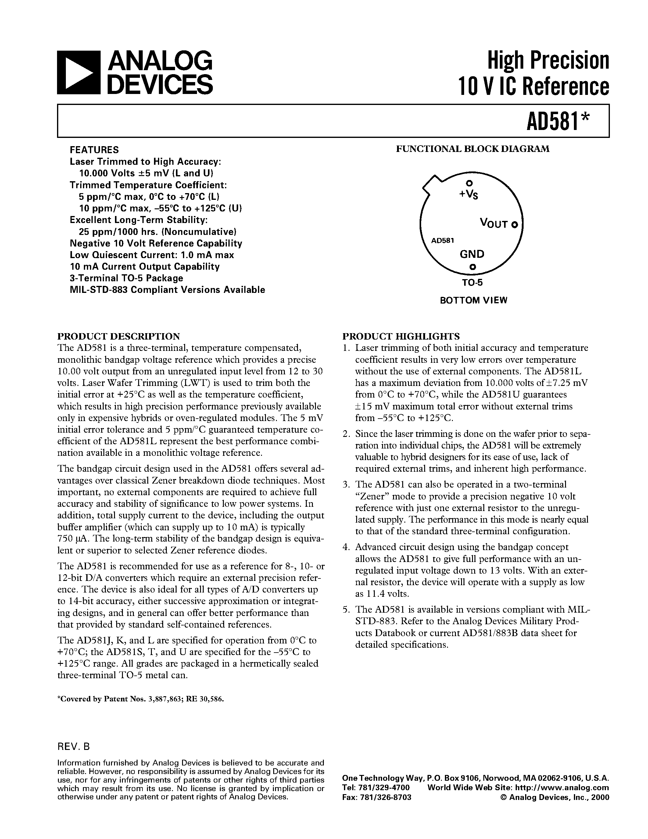 Datasheet AD581 - High Precision 10 V IC Reference page 1