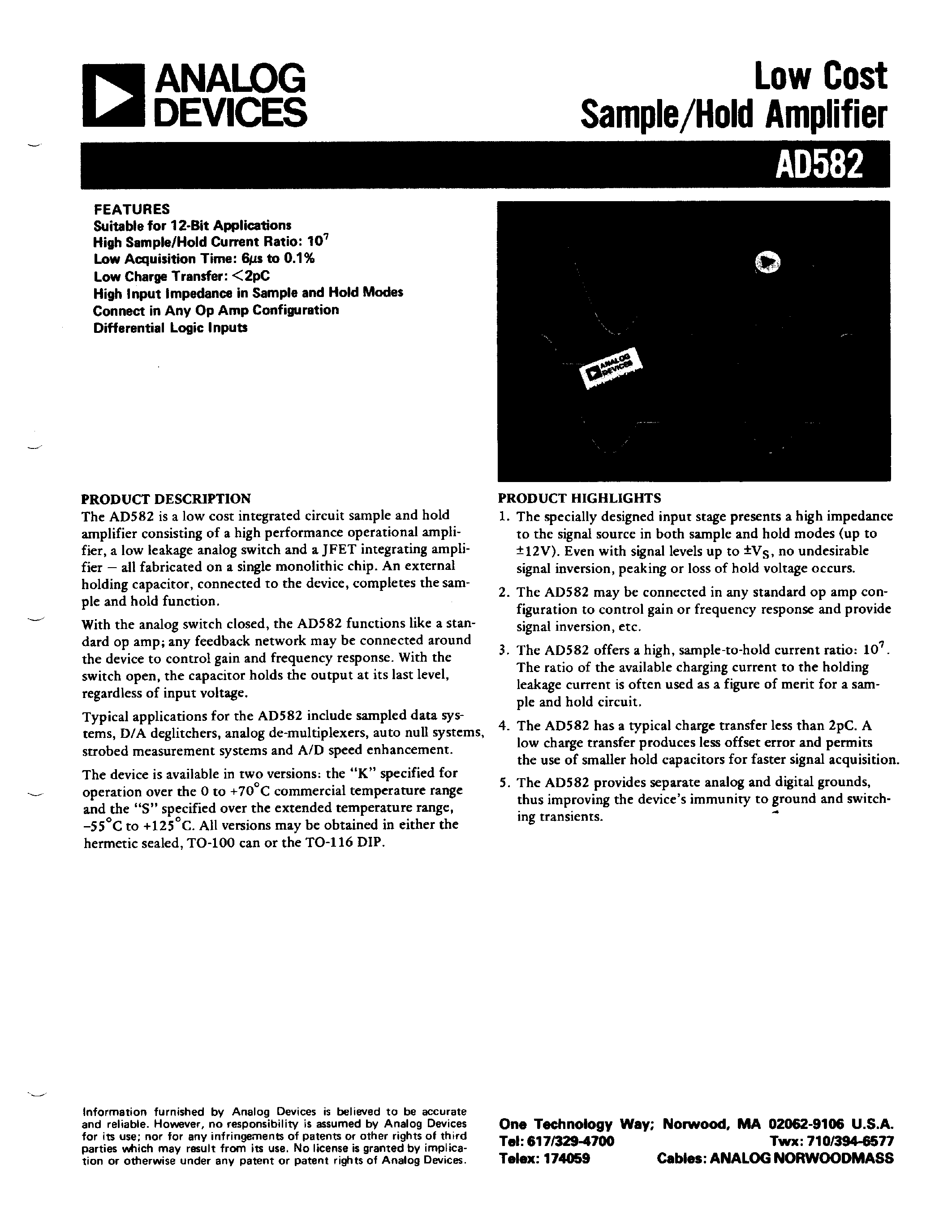 Datasheet AD582 - Low Cost Sample/Hold Amplifier page 1