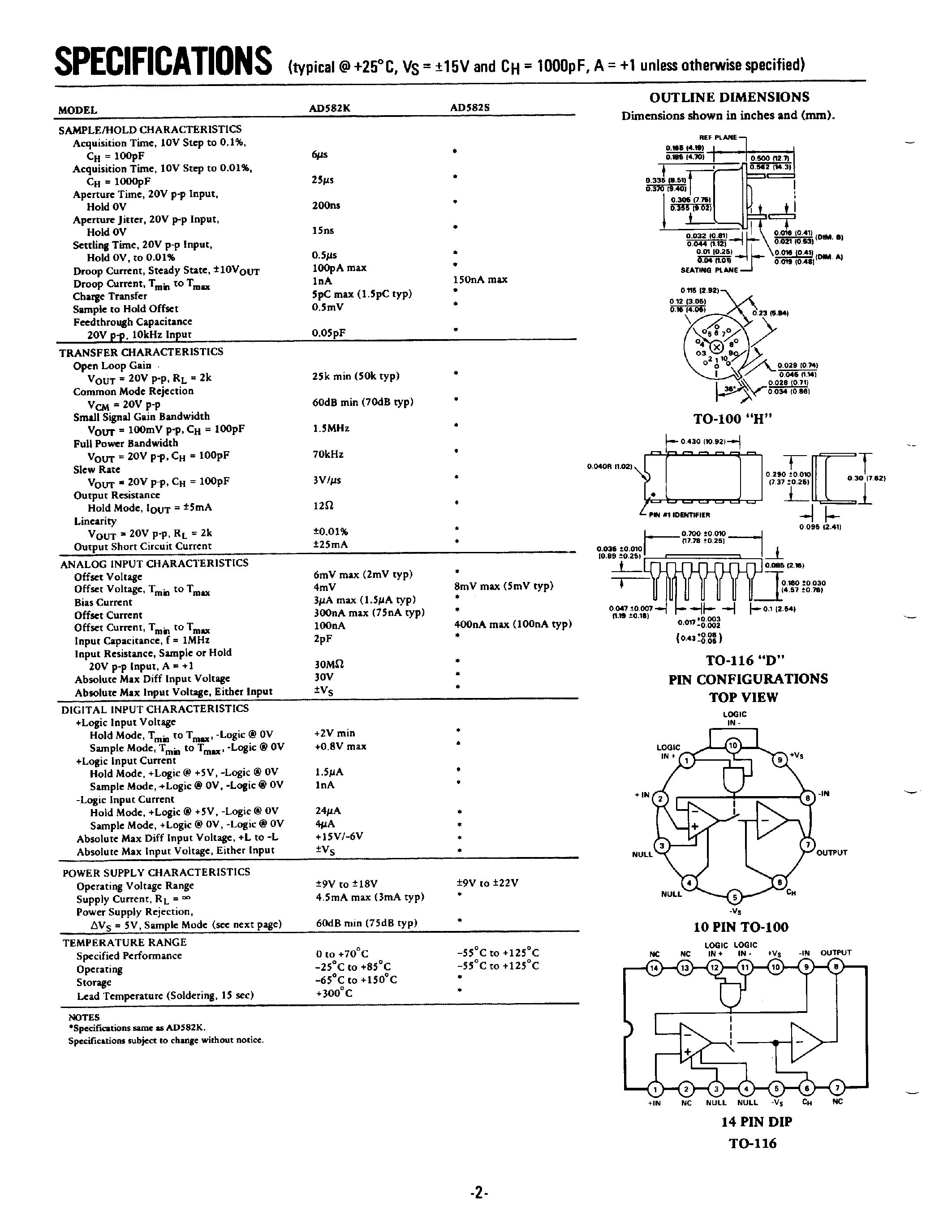 Datasheet AD582 - Low Cost Sample/Hold Amplifier page 2