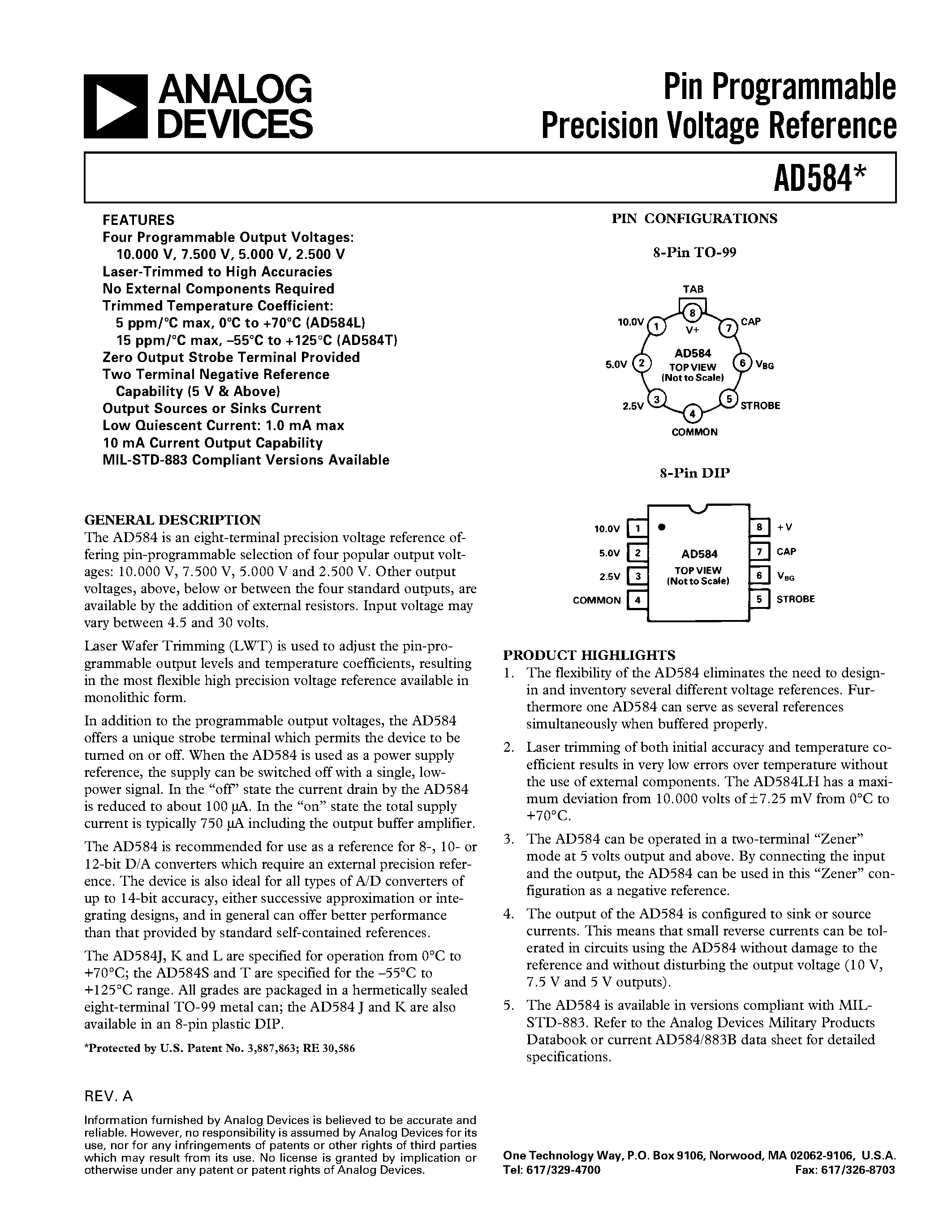 Datasheet AD584 - Pin Programmable Precision Voltage Reference page 1