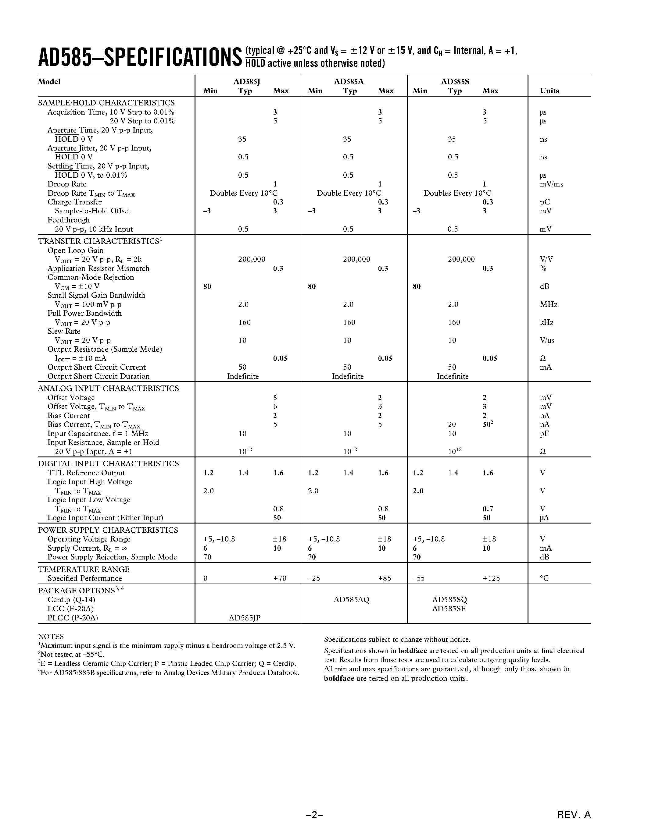 Datasheet AD585 - High Speed/ Precision Sample-and-Hold Amplifier page 2