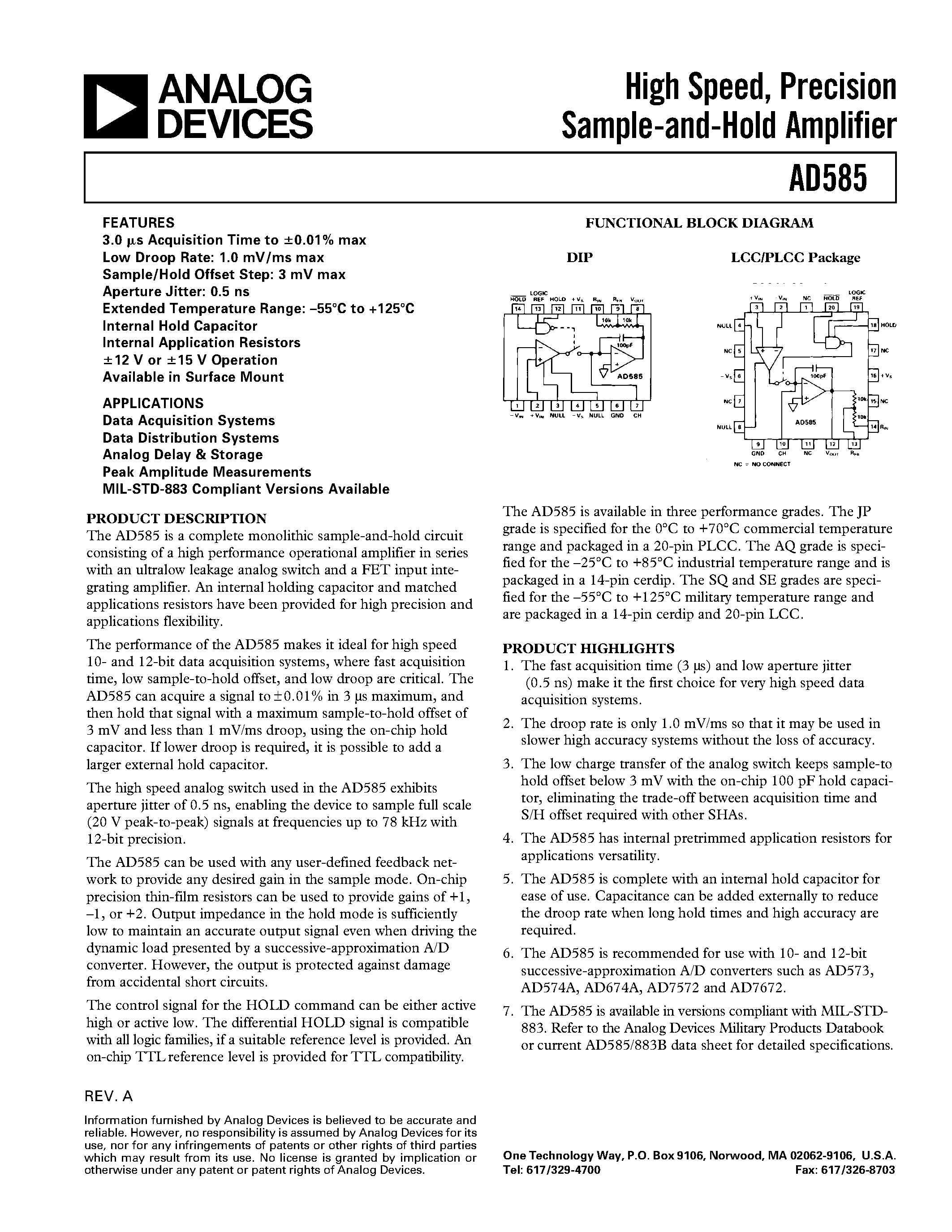 Datasheet AD585JP - High Speed/ Precision Sample-and-Hold Amplifier page 1