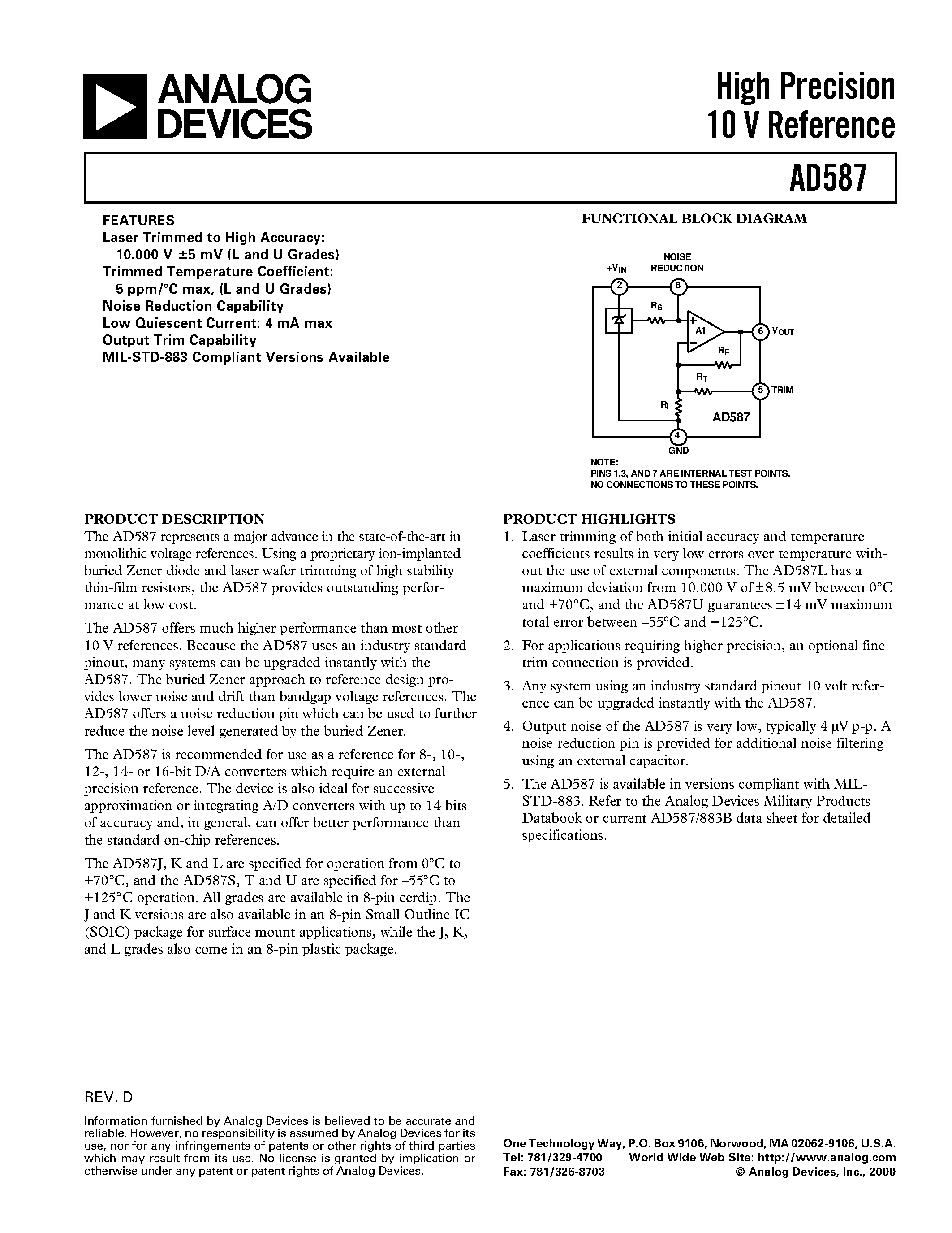 Datasheet AD587 - High Precision 10 V Reference page 1