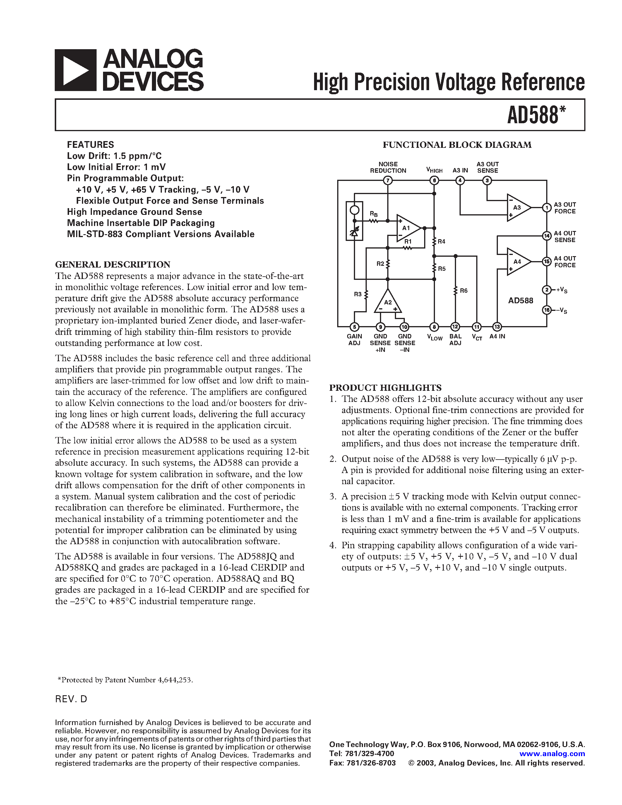 Datasheet AD588 - High Precision Voltage Reference page 1