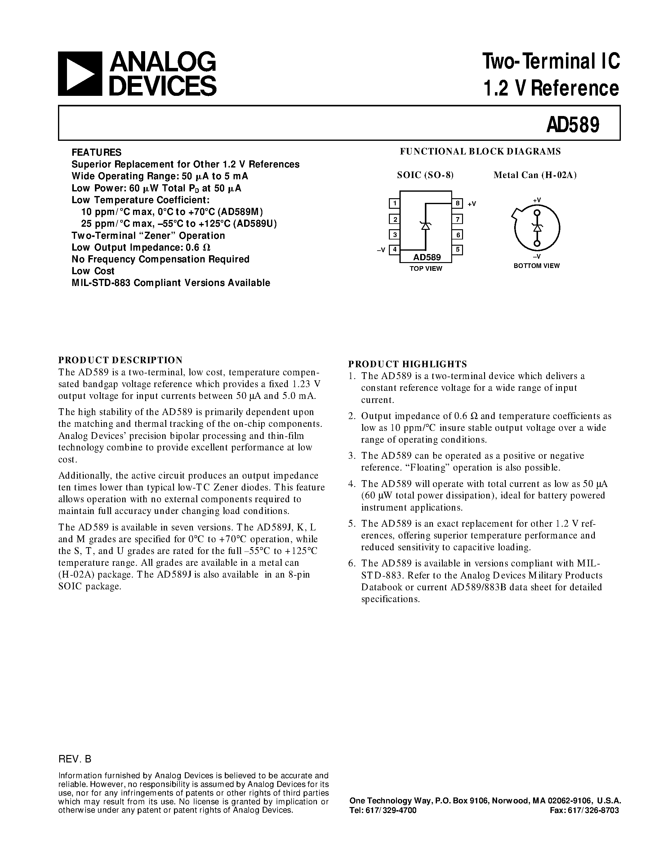 Datasheet AD589 - Two-Terminal IC 1.2 V Reference page 1