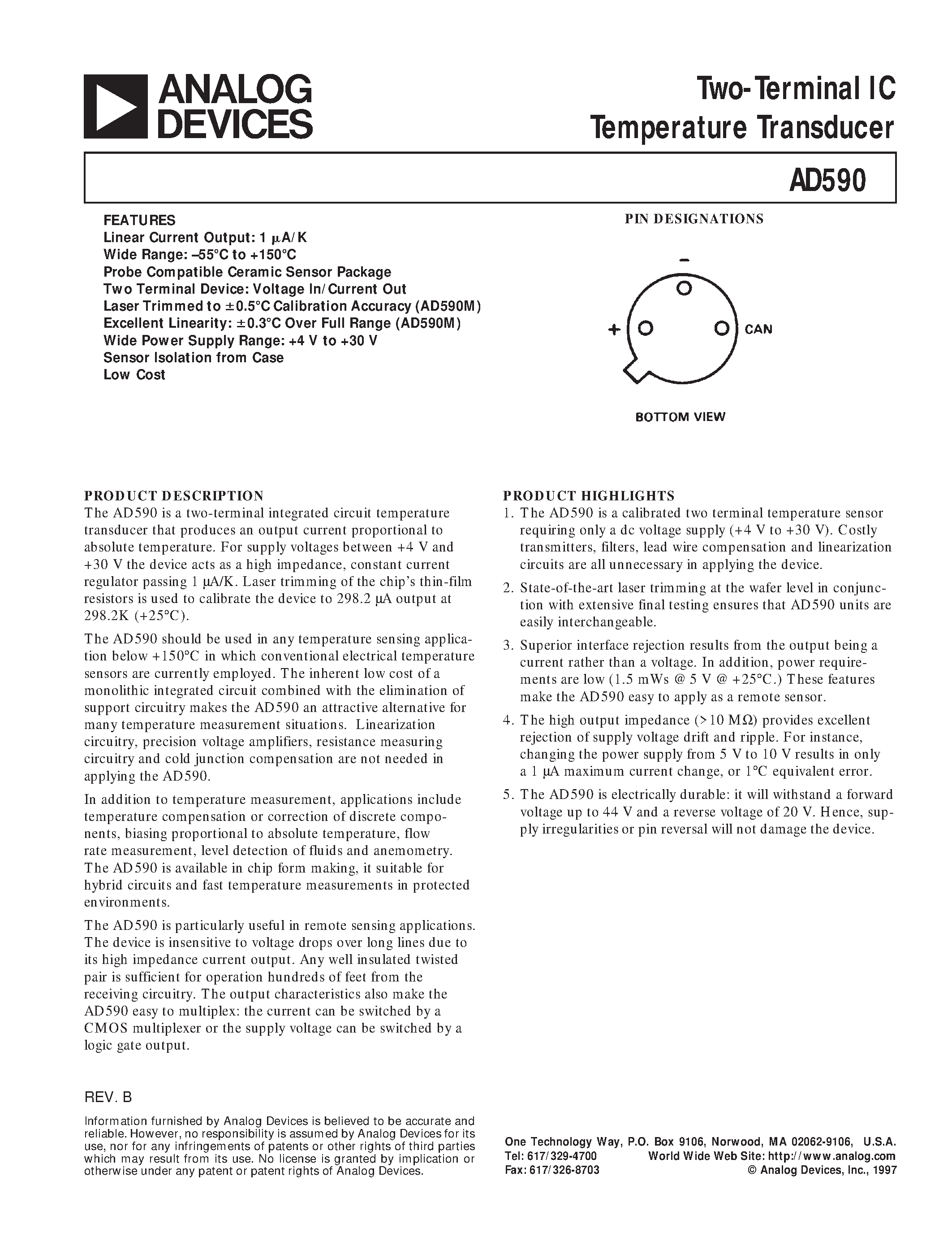 Datasheet AD590 - Two-Terminal IC Temperature Transducer page 1