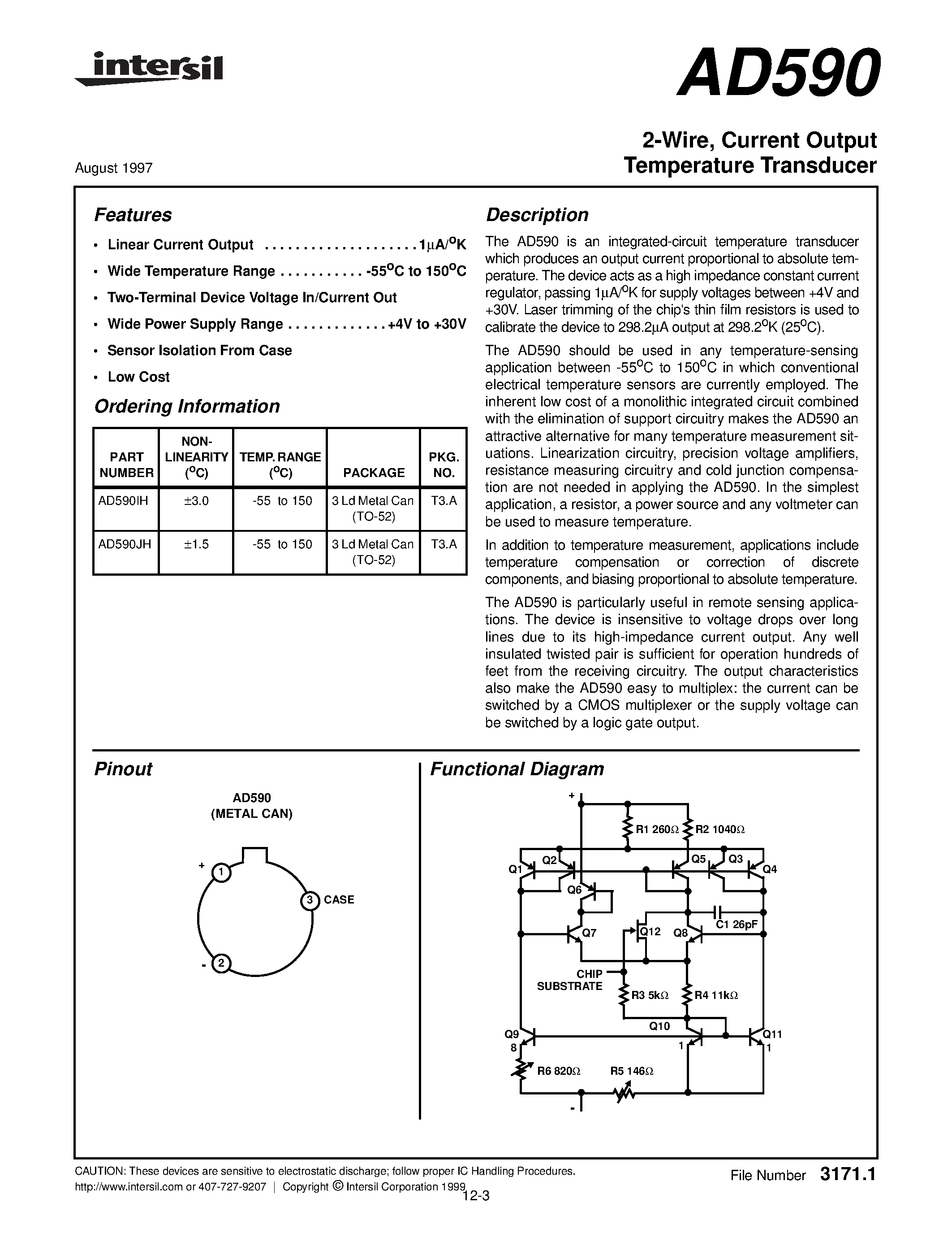 Datasheet AD590 - 2-Wire/ Current Output Temperature Transducer page 1