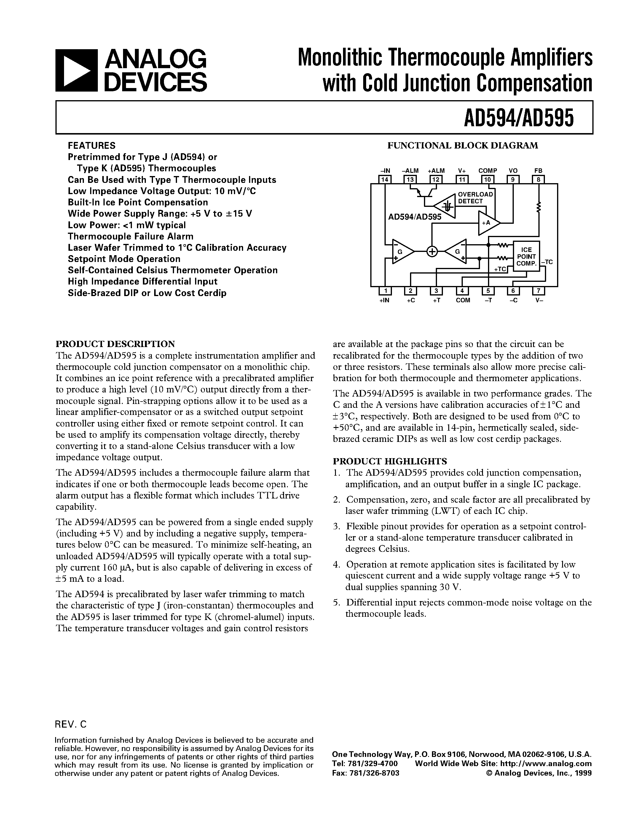 Даташит AD594 - Monolithic Thermocouple Amplifiers with Cold Junction Compensation страница 1