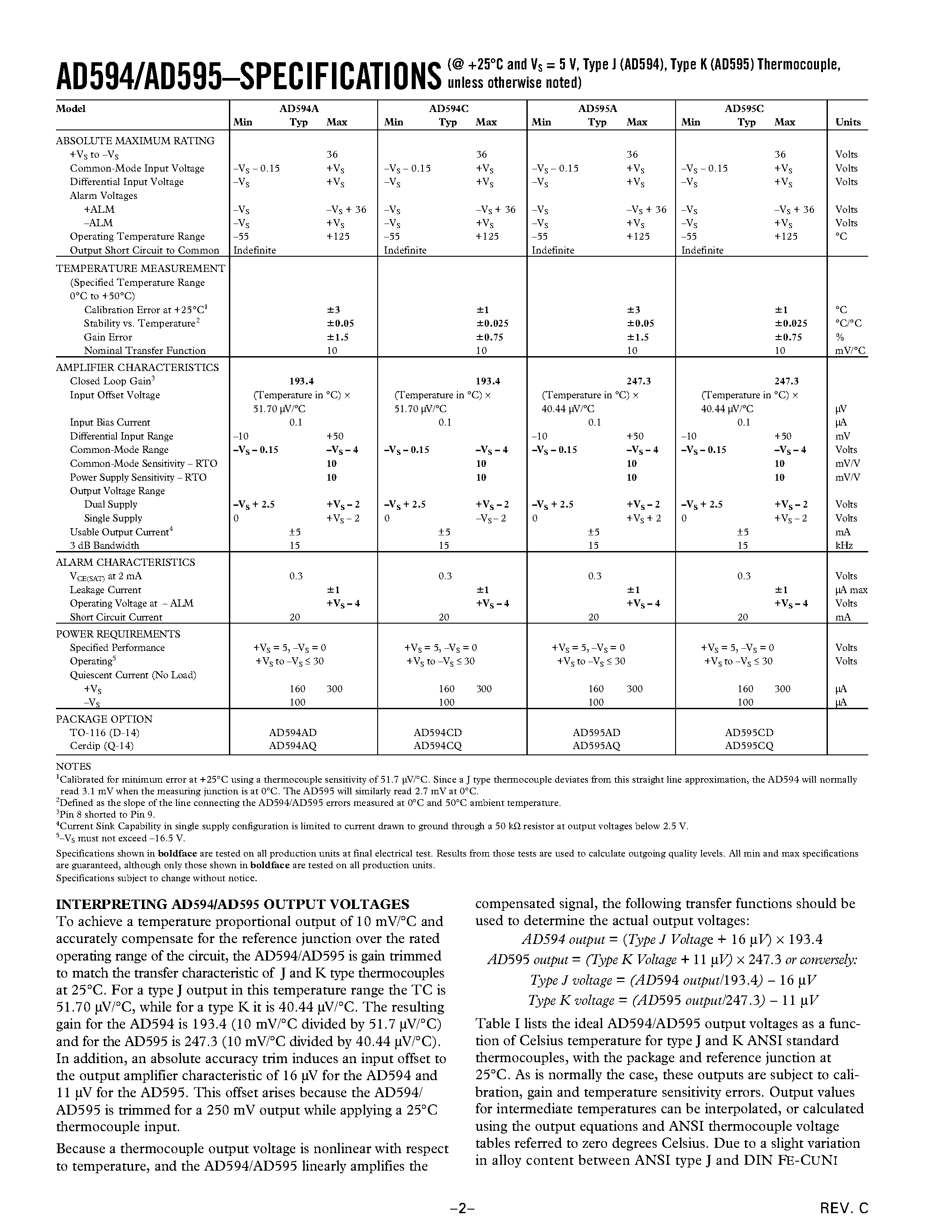 Даташит AD594 - Monolithic Thermocouple Amplifiers with Cold Junction Compensation страница 2