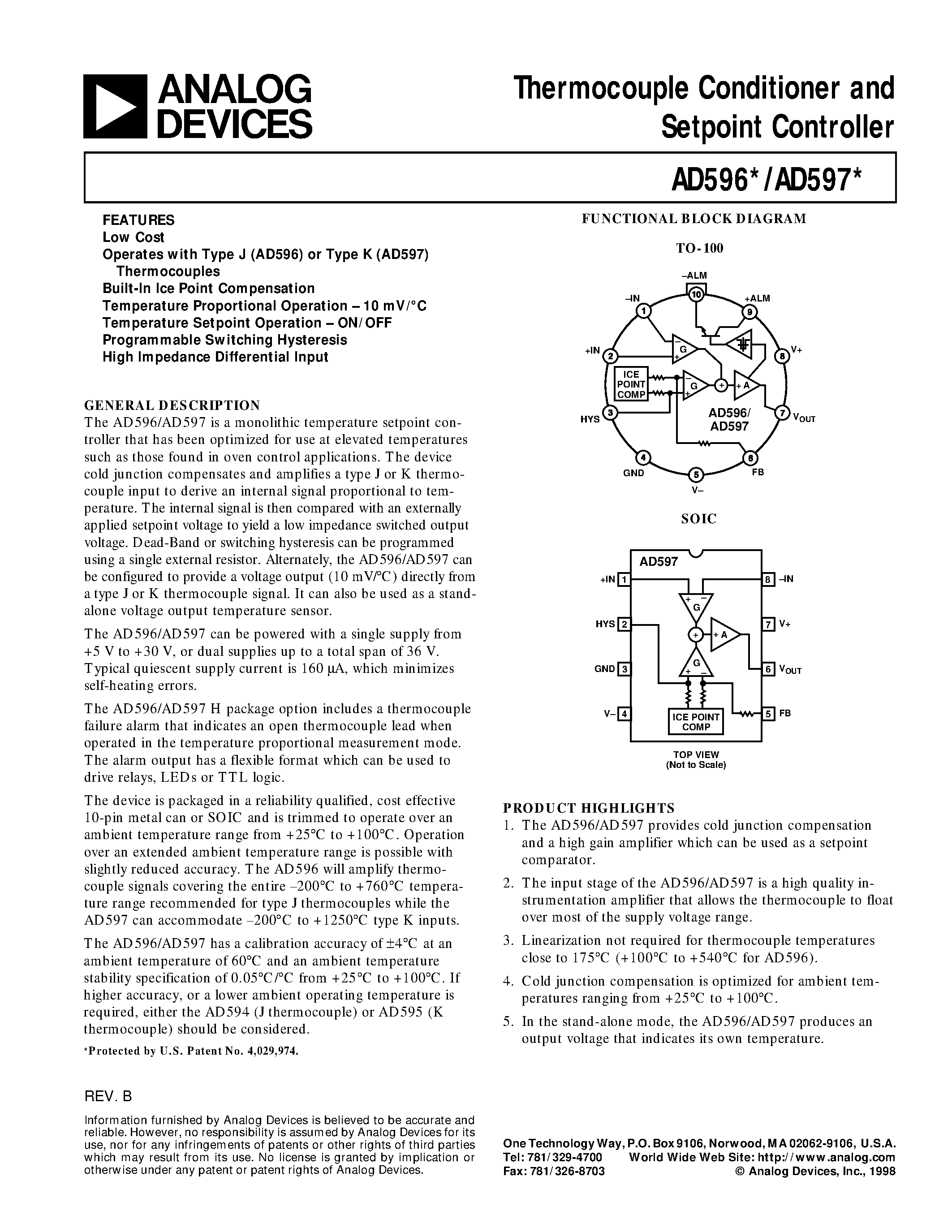 Datasheet AD596 - Thermocouple Conditioner and Setpoint Controller page 1