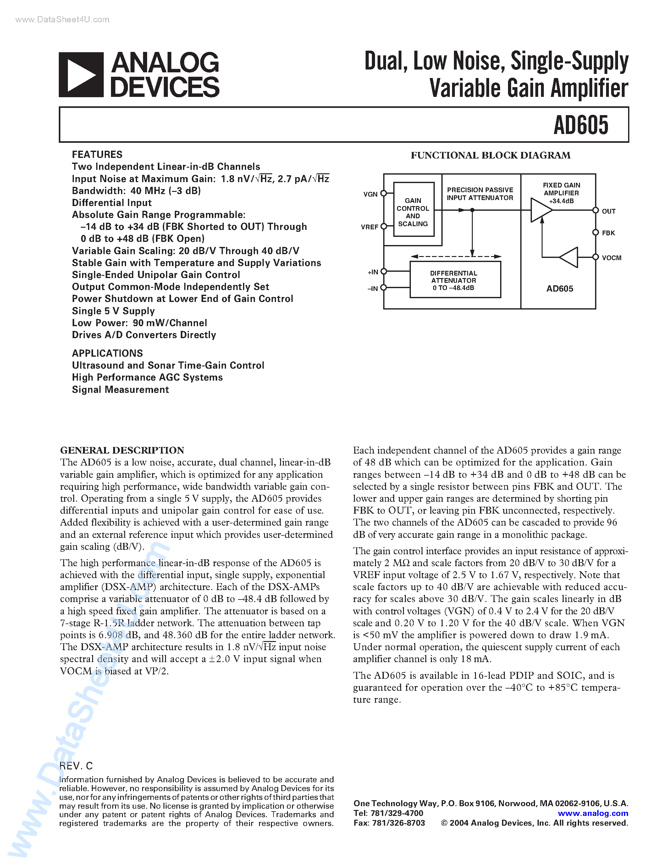 Datasheet AD605BN page 1 Datasheet AD605BN - Dual/ Low Noise/ Single-Supply Variable Gain Amplifier page 1