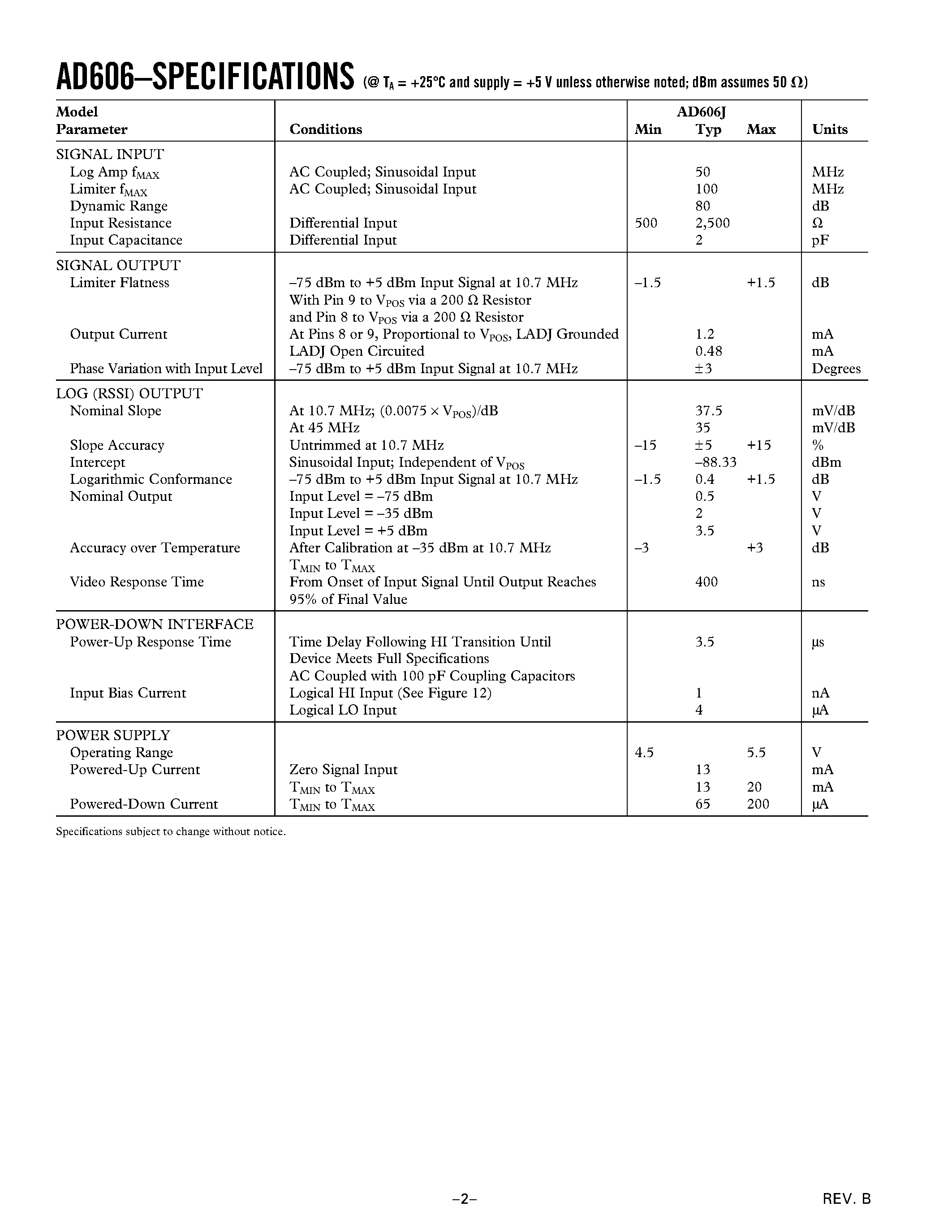 Datasheet AD606JCHIPS page 2 Datasheet AD606JCHIPS - 50 MHz/ 80 dB Demodulating Logarithmic Amplifier with Limiter Output page 2