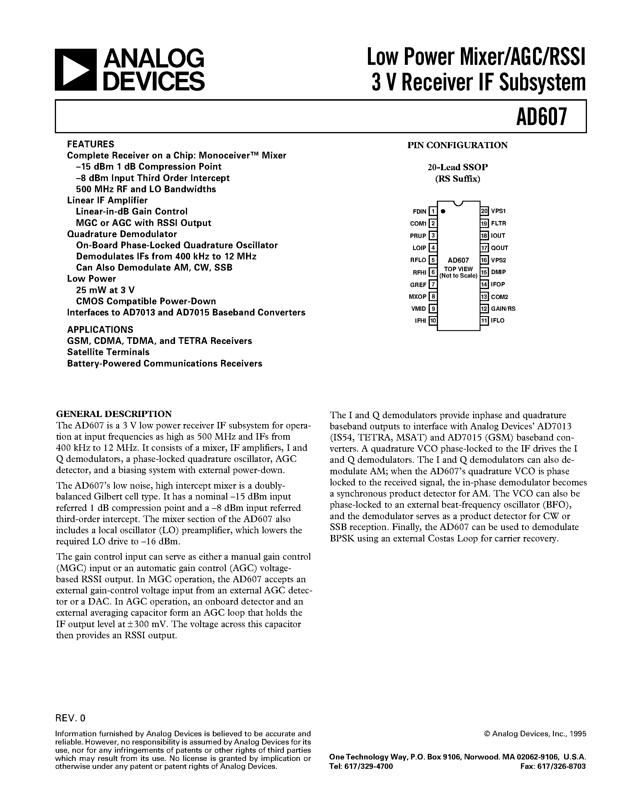 Datasheet AD607 page 1 Datasheet AD607 - Low Power Mixer/AGC/RSSI 3 V Receiver IF Subsystem page 1