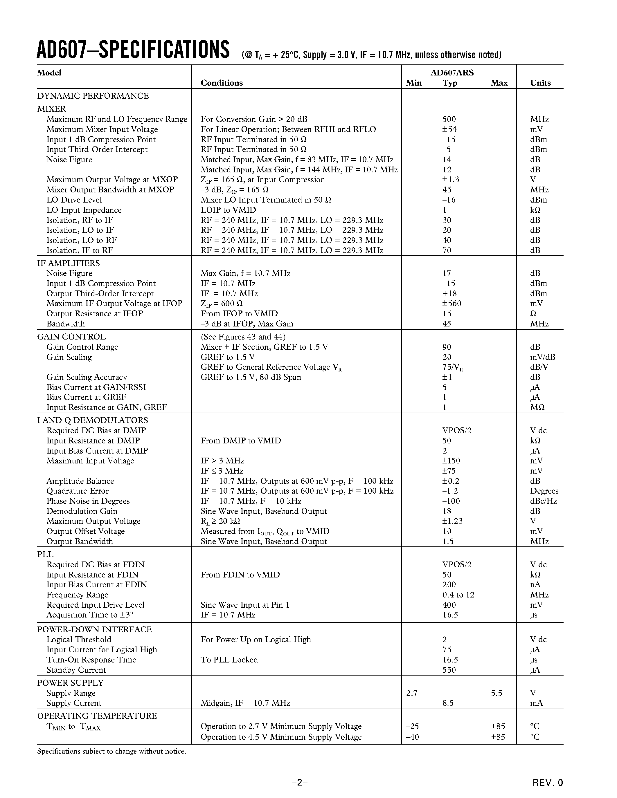 Datasheet AD607ARS page 2 Datasheet AD607ARS - Low Power Mixer/AGC/RSSI 3 V Receiver IF Subsystem page 2