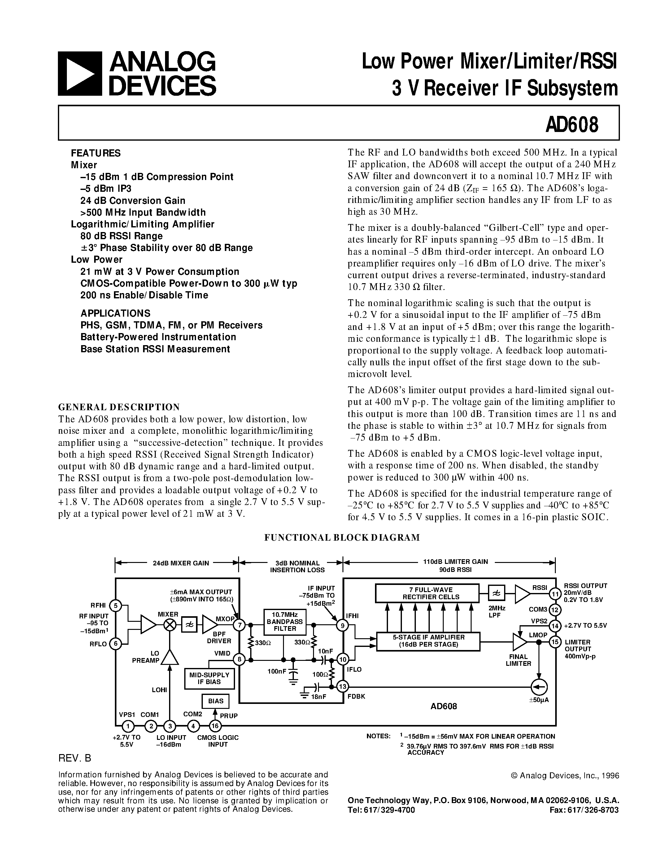 Datasheet AD608 page 1 Datasheet AD608 - Low Power Mixer/Limiter/RSSI 3 V Receiver IF Subsystem page 1