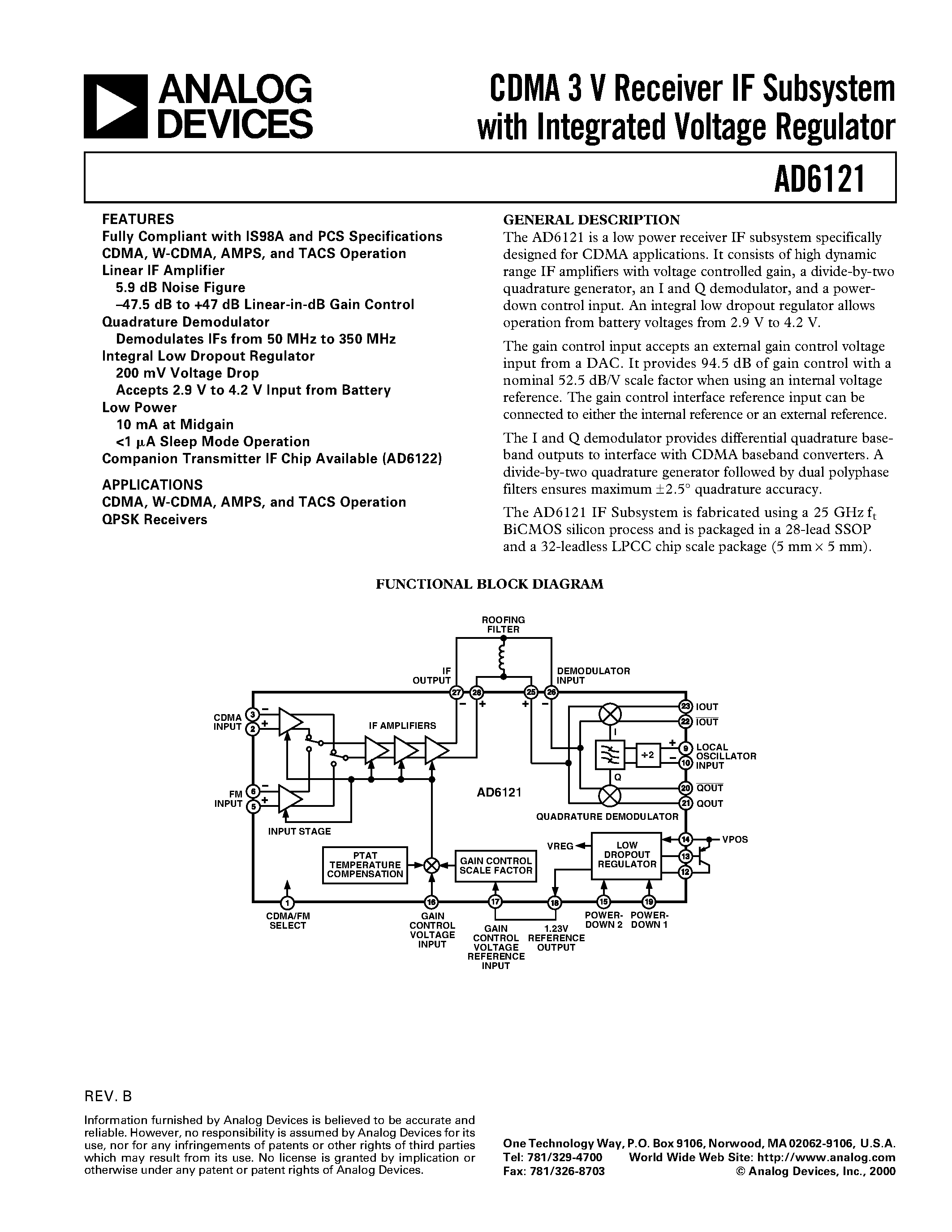 Datasheet AD6121ARSRL page 1 Datasheet AD6121ARSRL - CDMA 3 V Receiver IF Subsystem with Integrated Voltage Regulator page 1