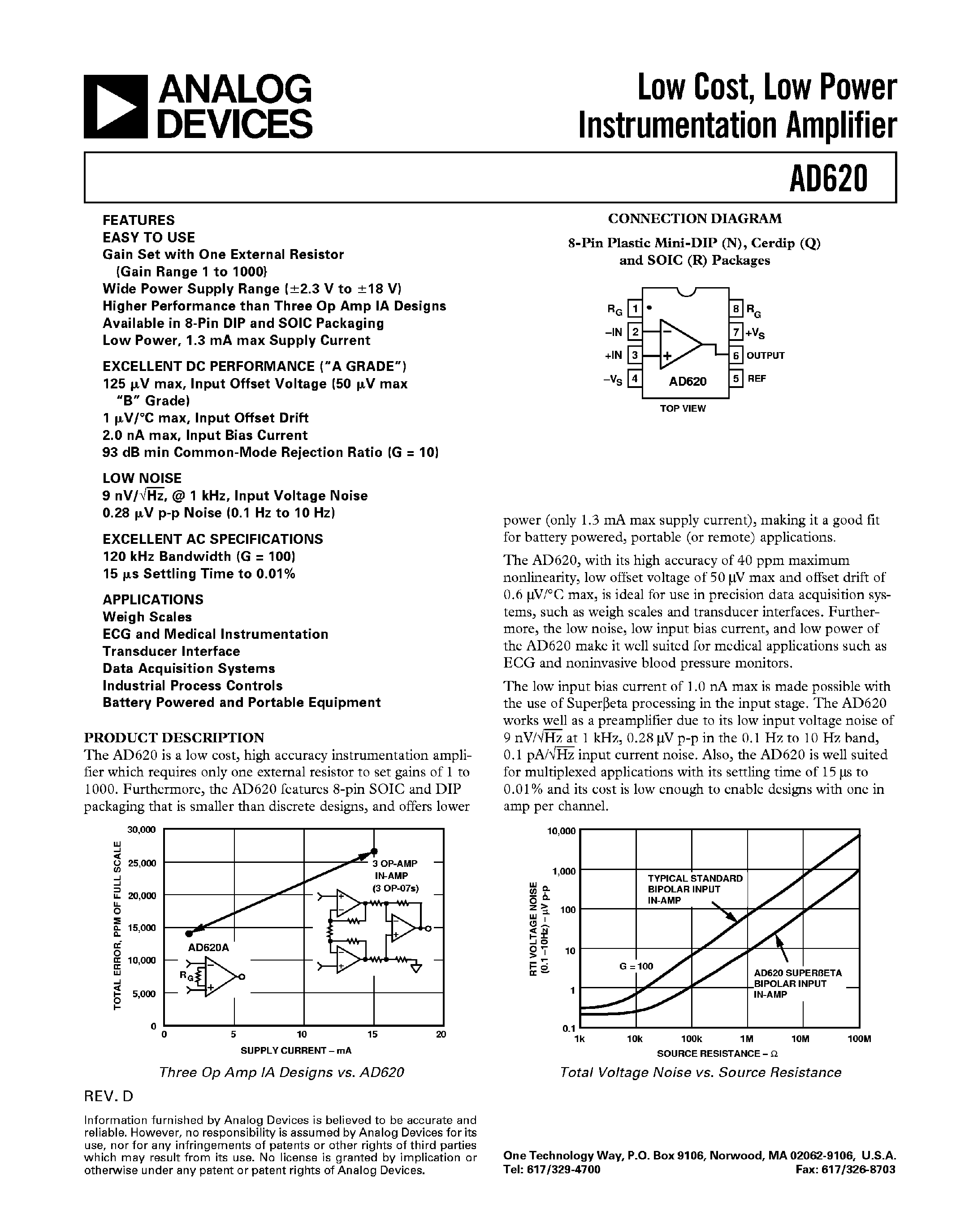 Даташит AD620AR-REEL - Low Cost/ Low Power Instrumentation Amplifier страница 1