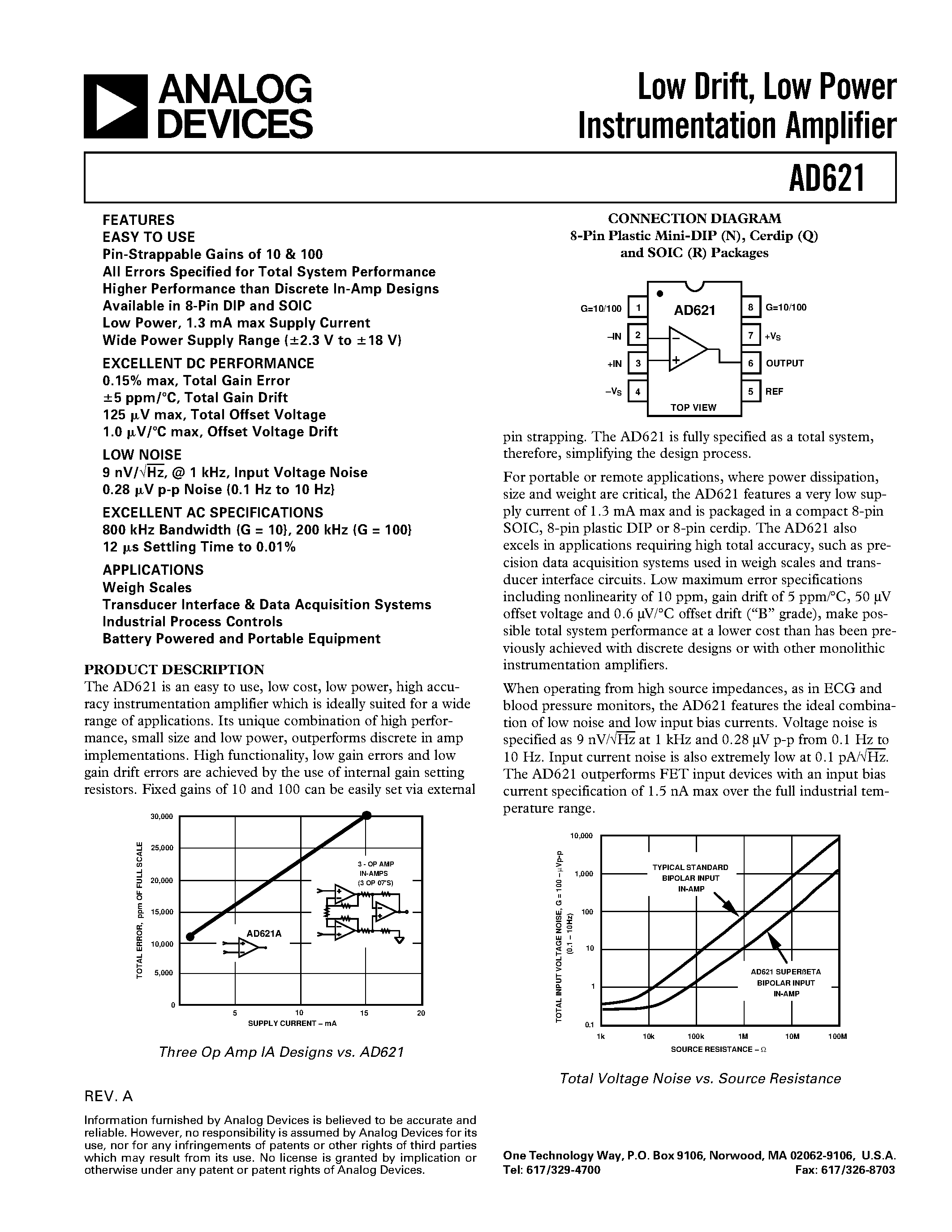 Даташит AD621 - Low Drift/ Low Power Instrumentation Amplifier страница 1