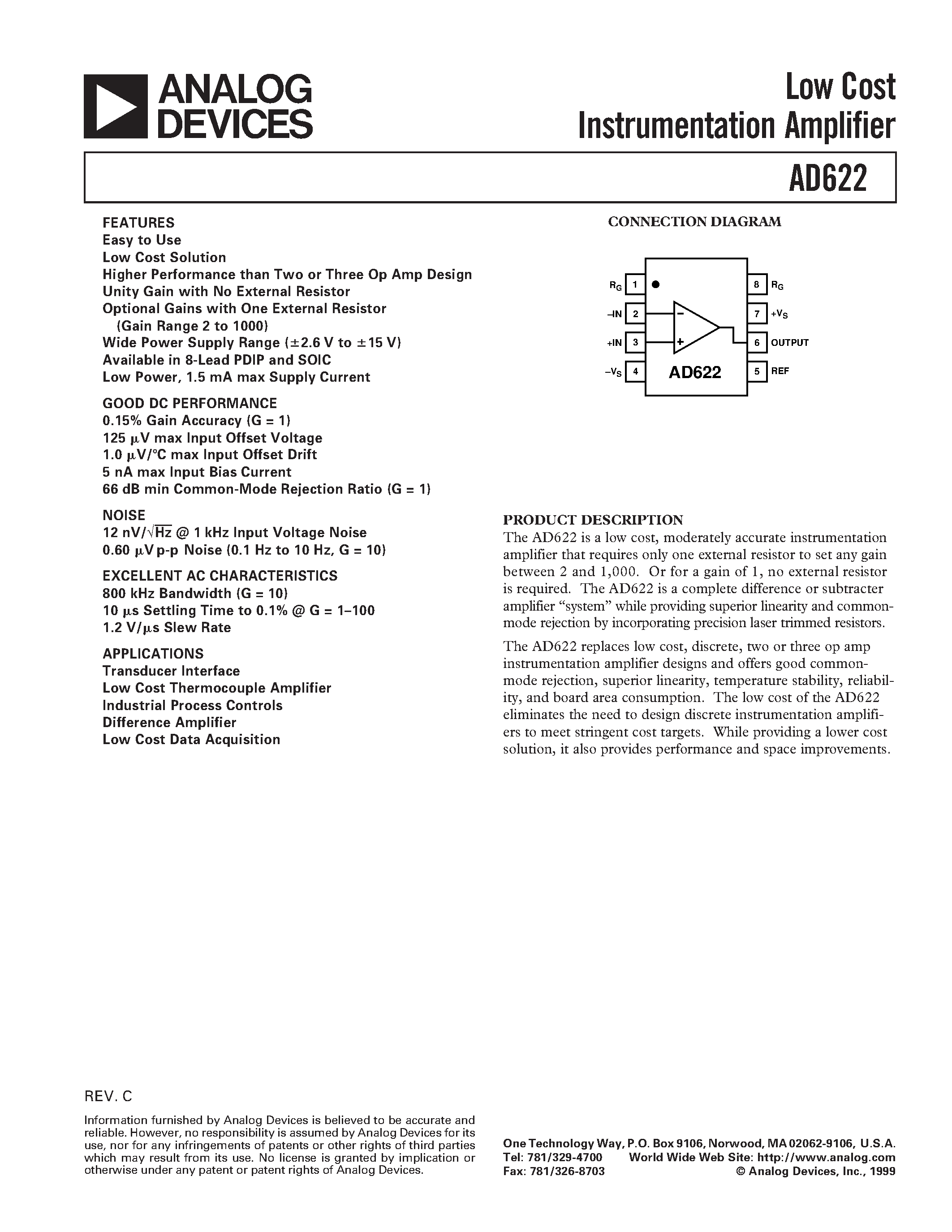 Даташит AD622 - Low Cost Instrumentation Amplifier страница 1