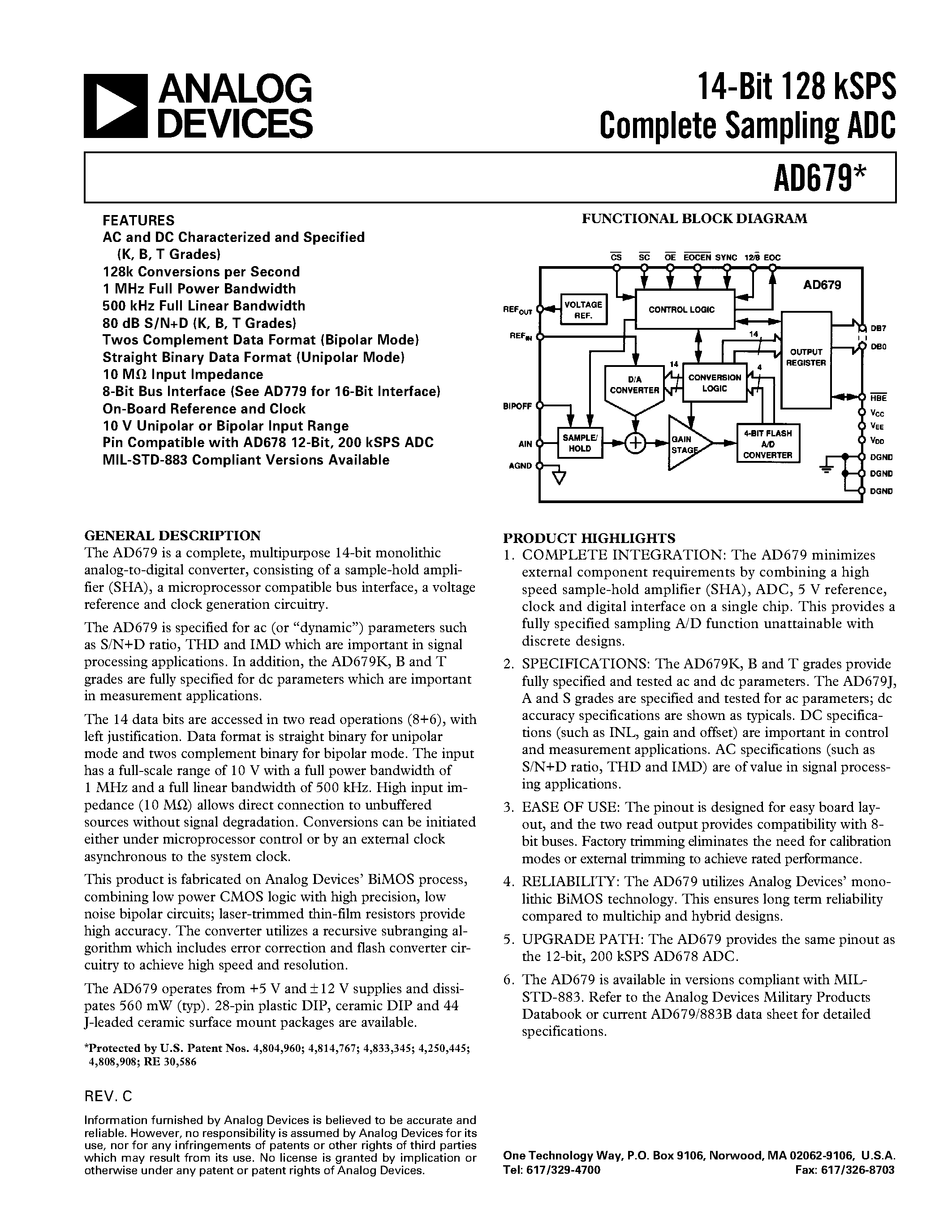 Даташит AD679JN - 14-Bit 128 kSPS Complete Sampling ADC страница 1