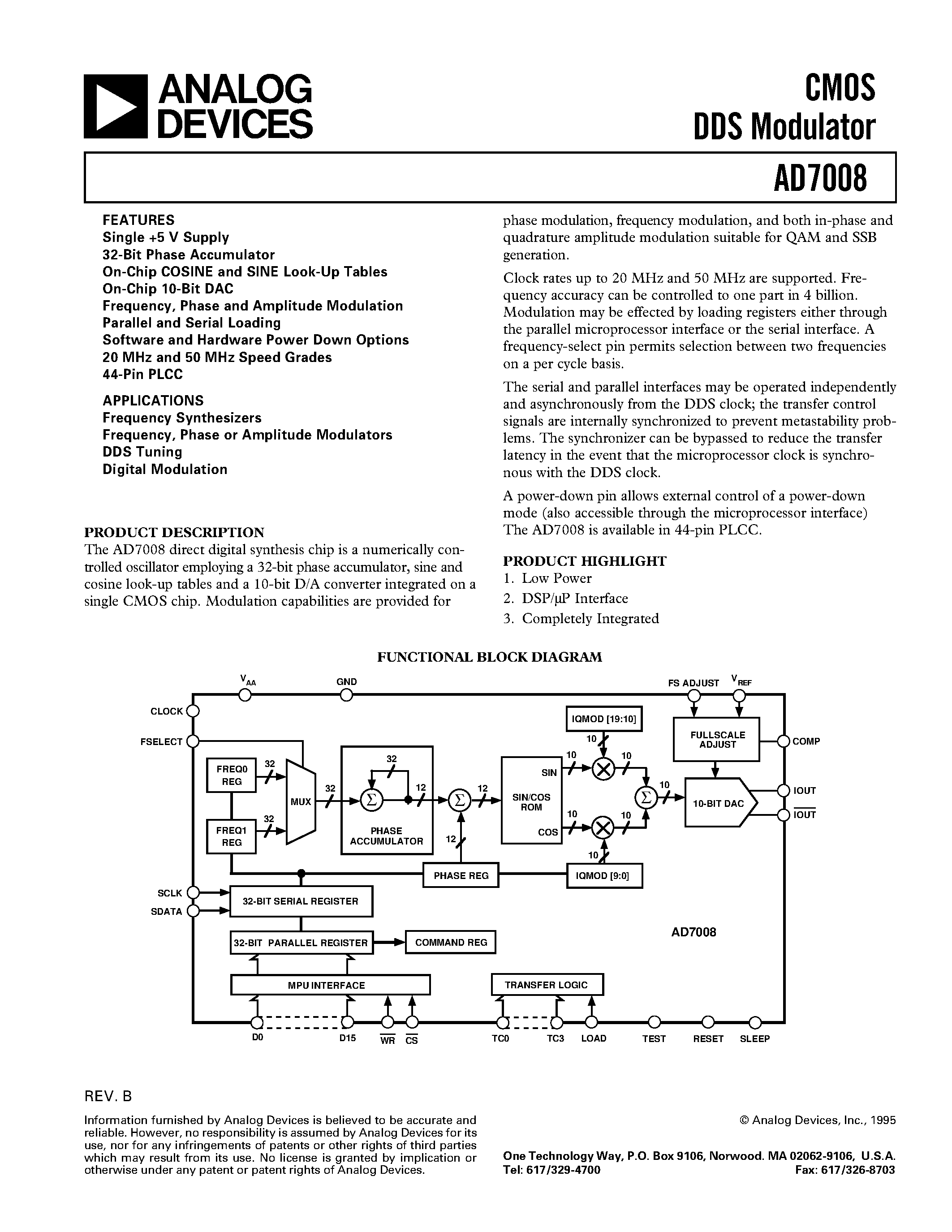 Datasheet AD7008AP20 - CMOS DDS Modulator page 1
