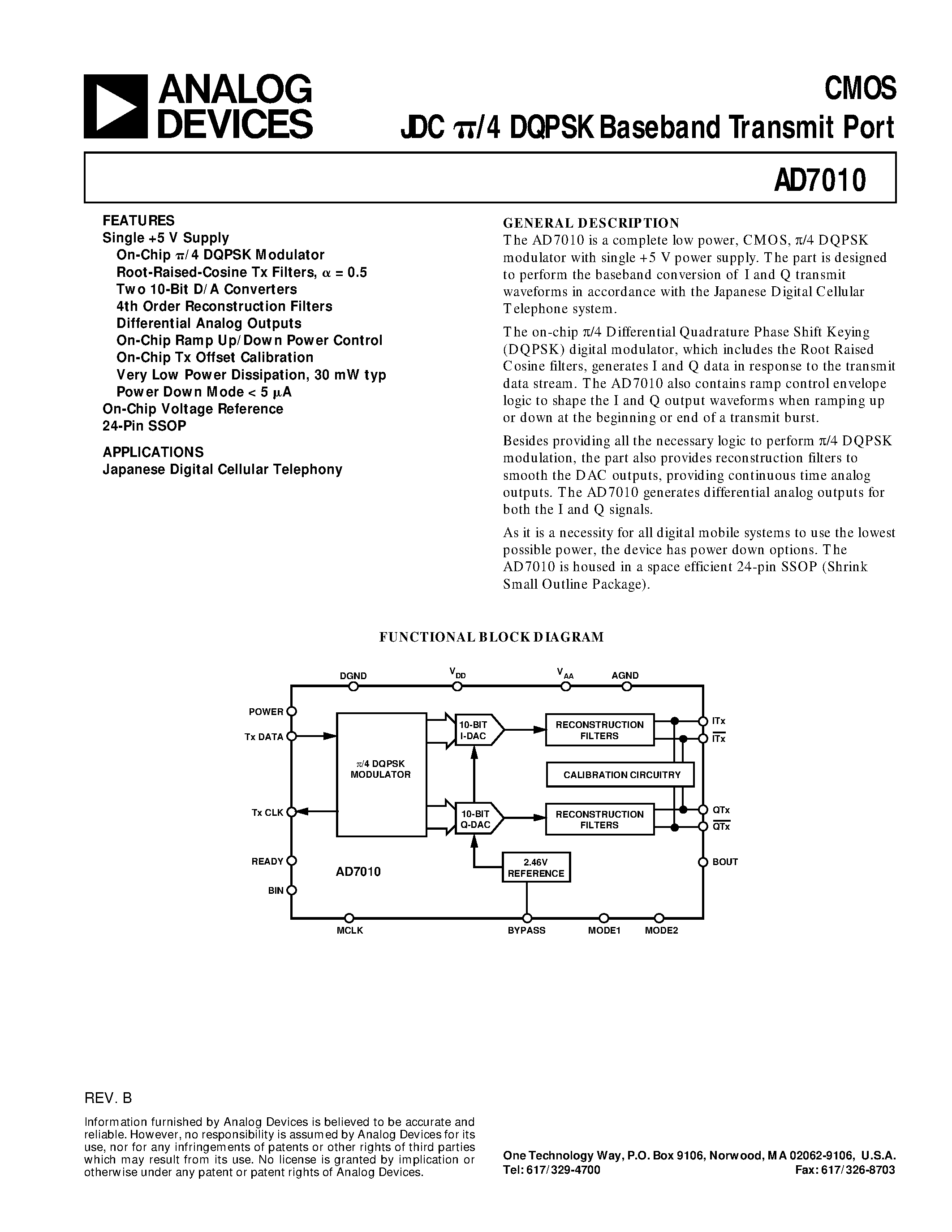 Datasheet AD7010 - CMOS JDC p/4 DQPSK Baseband Transmit Port page 1