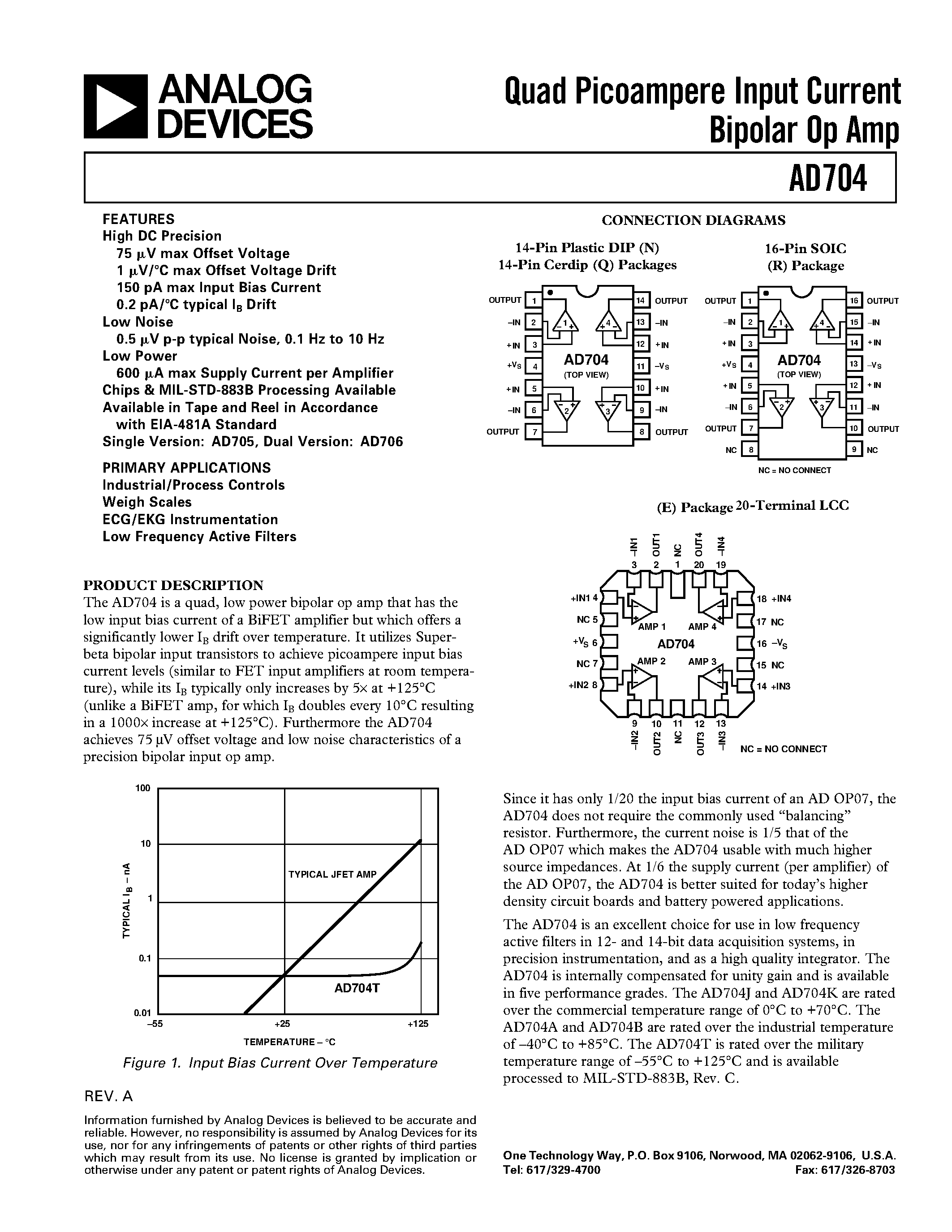 Даташит AD704AR-REEL - Quad Picoampere Input Current Bipolar Op Amp страница 1