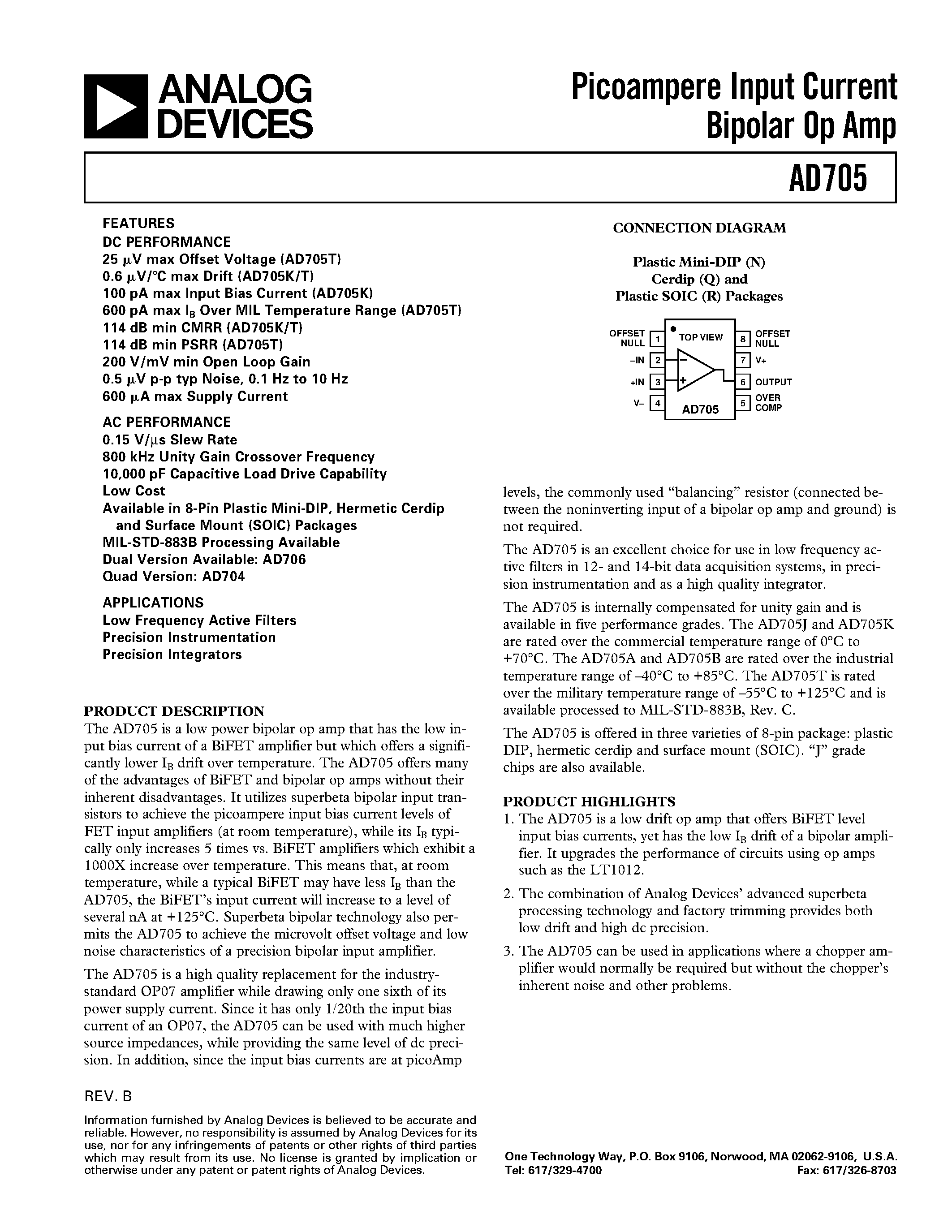 Datasheet AD705 - Picoampere Input Current Bipolar Op Amp page 1