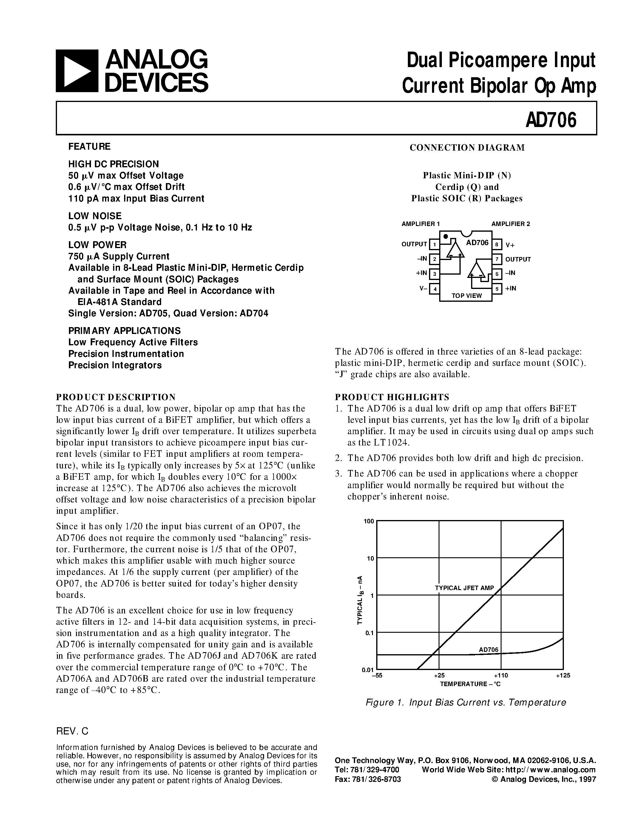 Datasheet AD706 - Dual Picoampere Input Current Bipolar Op Amp page 1