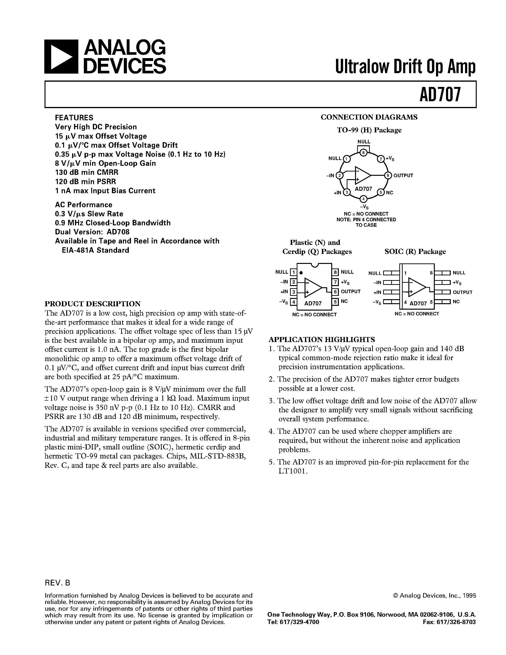 Datasheet AD707AR-REEL - Ultralow Drift Op Amp page 1