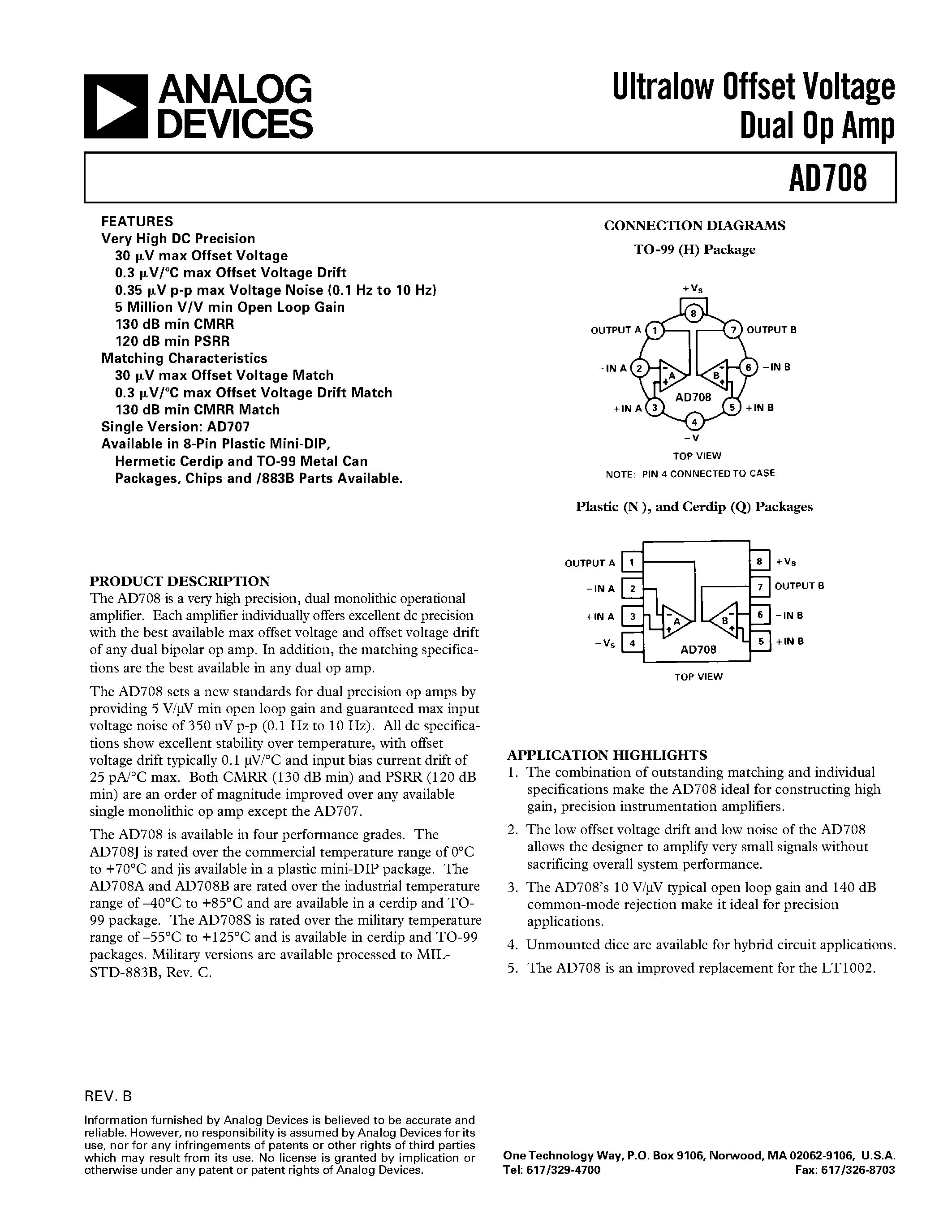 Даташит AD708AH - Ultralow Offset Voltage Dual Op Amp страница 1