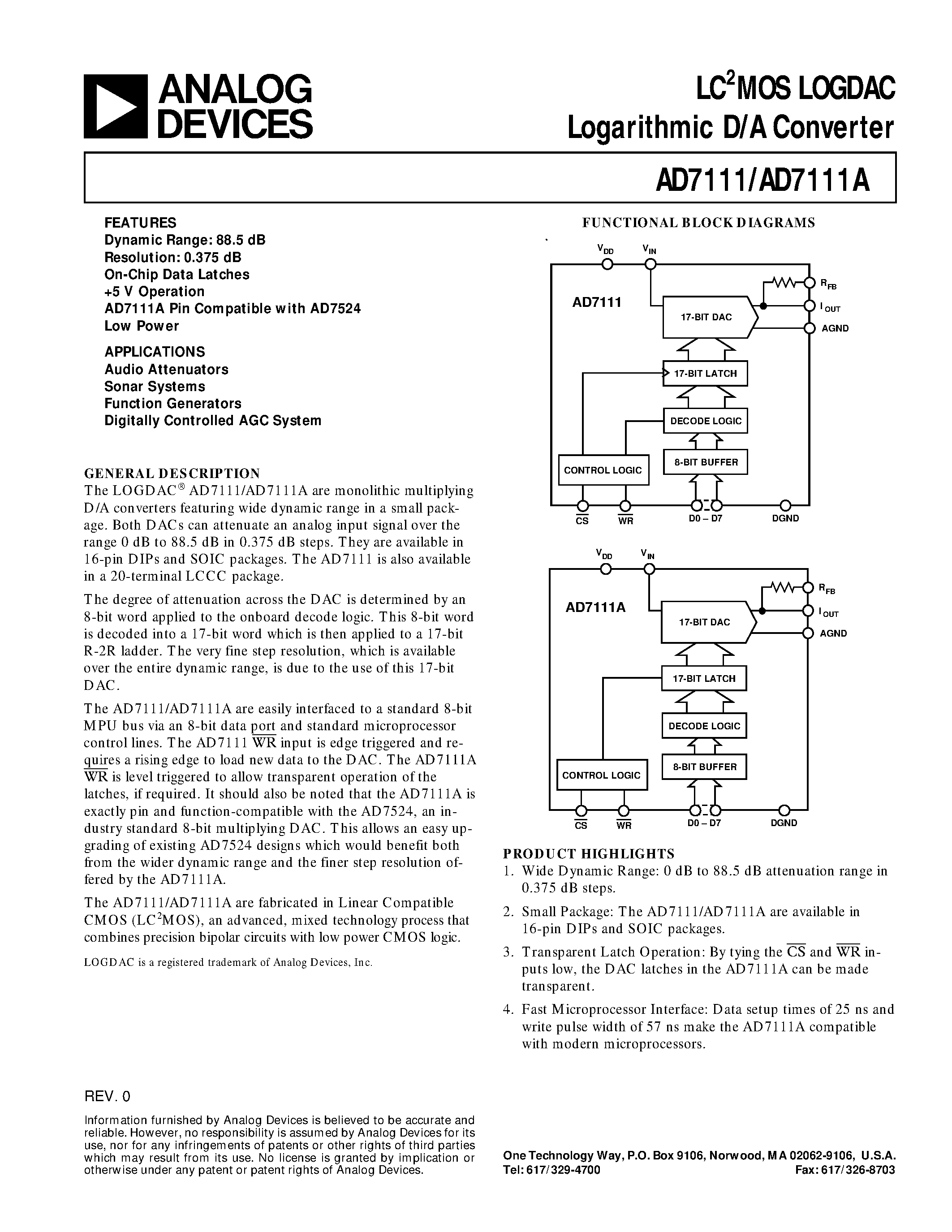 Даташит AD711 - Precision/ Low Cost/ High Speed/ BiFET Op Amp страница 1