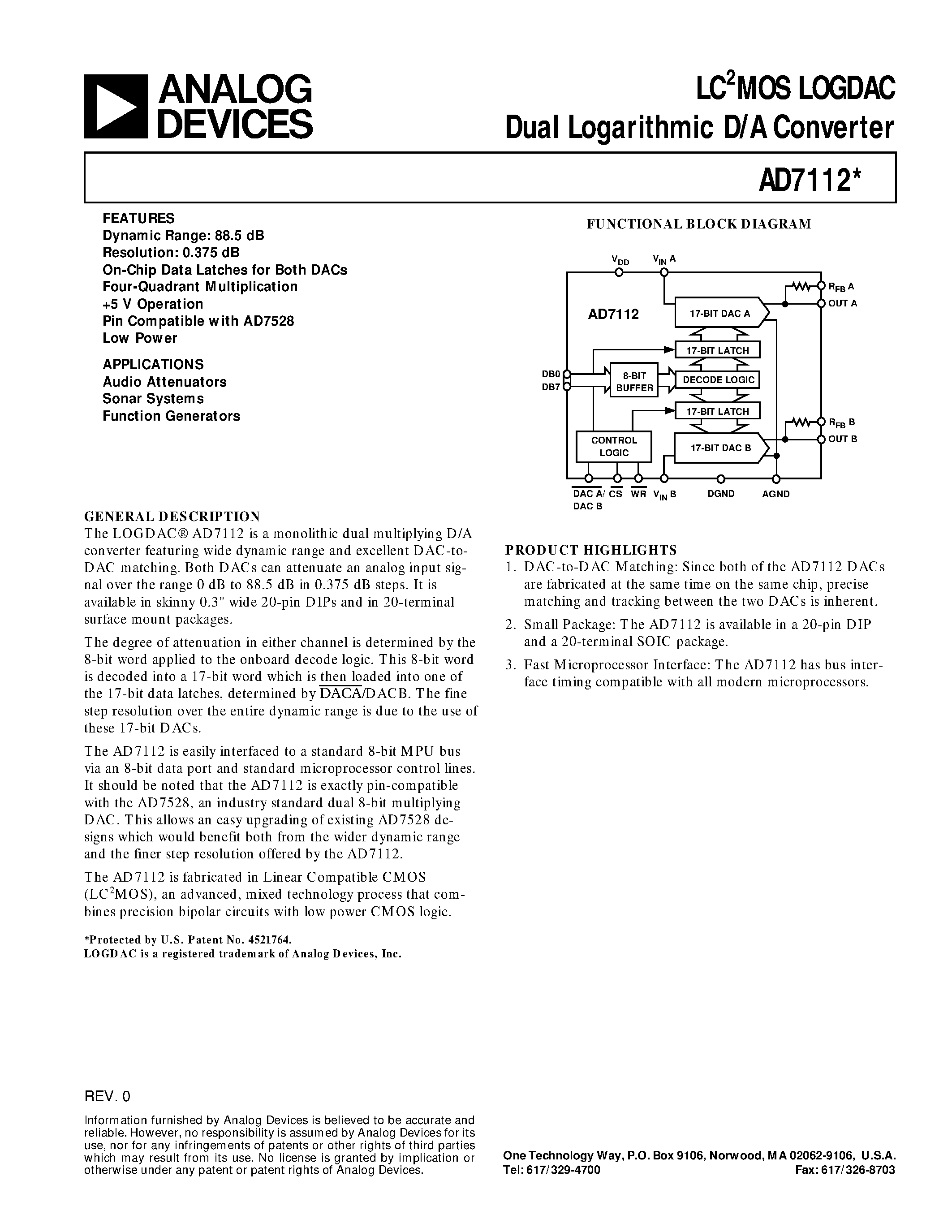 Datasheet AD7112 - LC2MOS LOGDAC Dual Logarithmic D/A Converter page 1