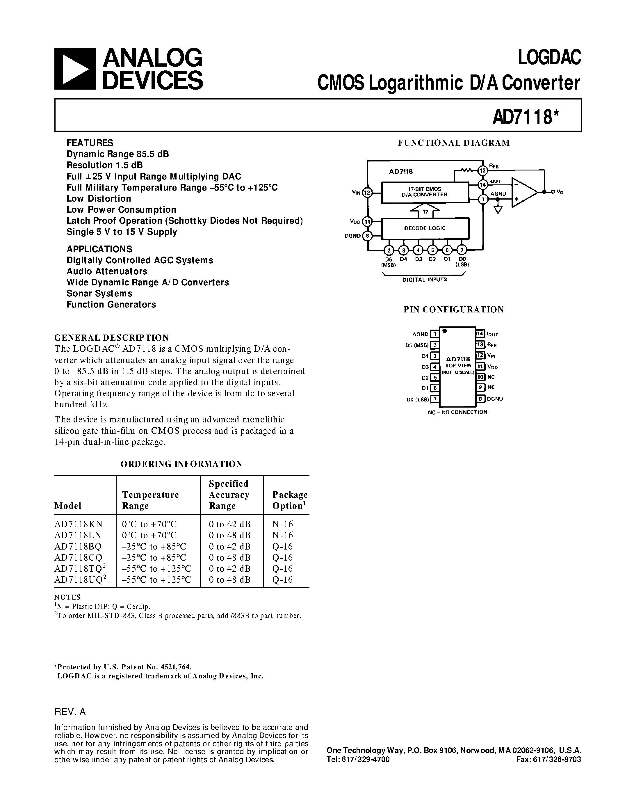 Datasheet AD7118 - LOGDAC CMOS Logarithmic D/A Converter page 1