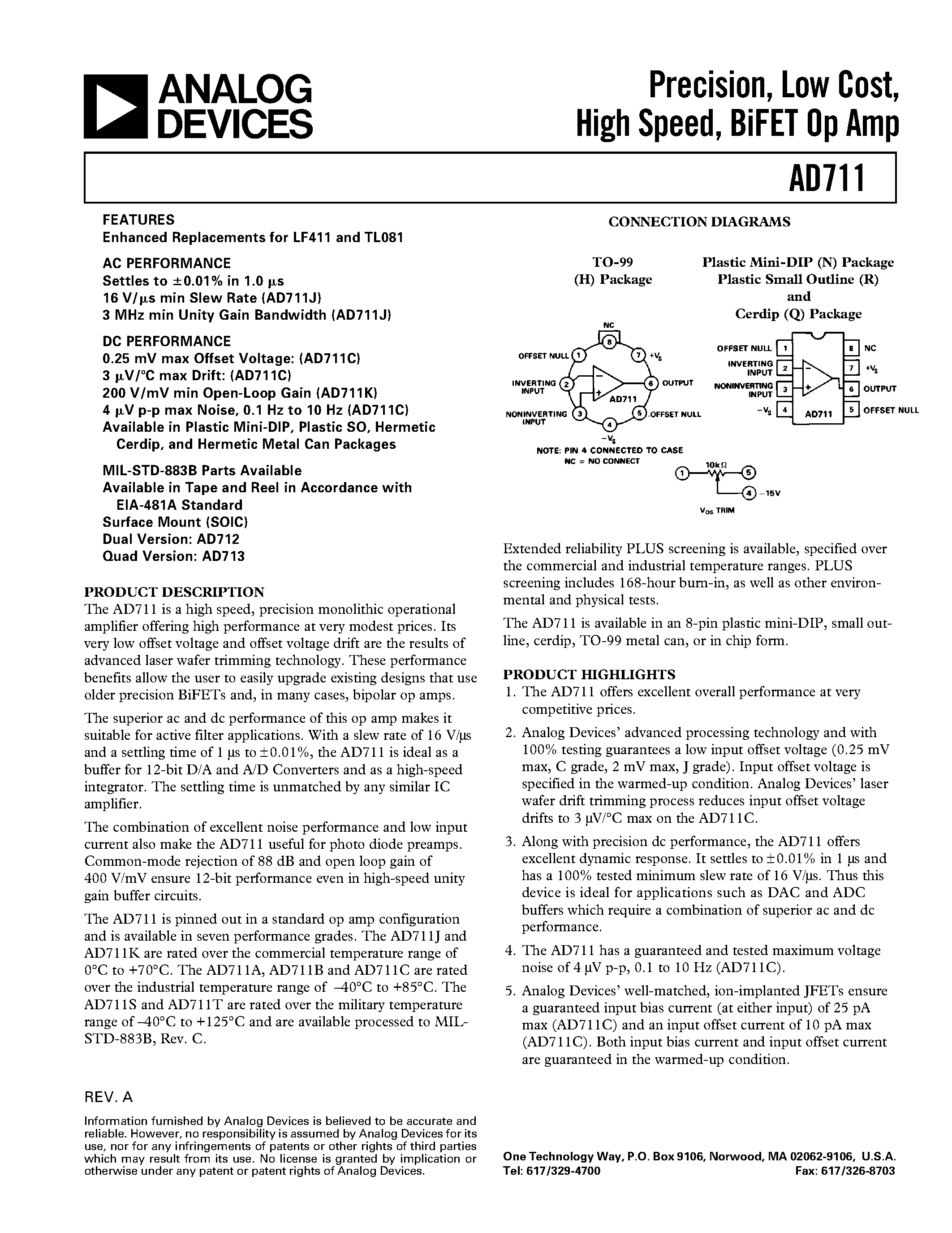 Datasheet AD711AH - Precision/ Low Cost/ High Speed/ BiFET Op Amp page 1