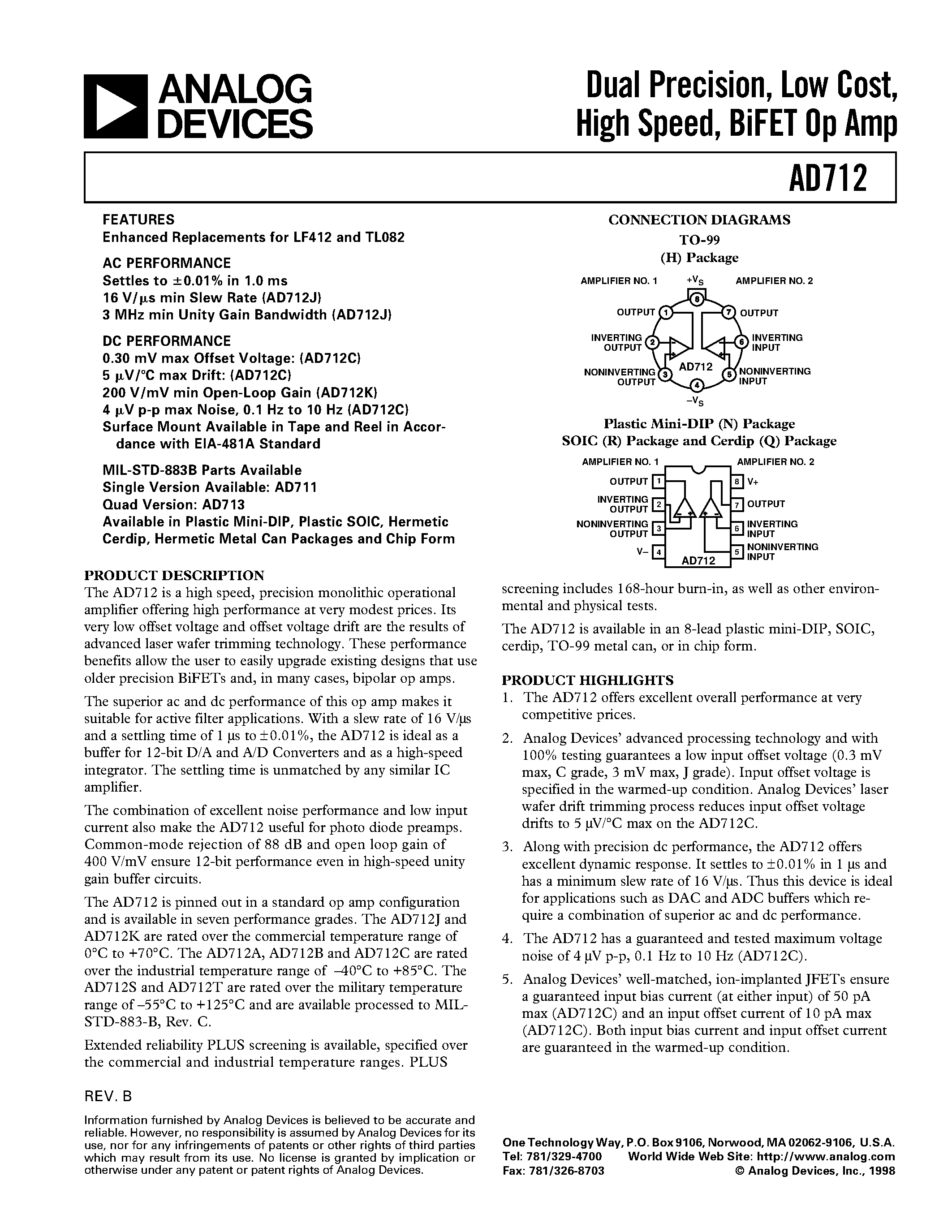 Datasheet AD712 - Dual Precision/ Low Cost/ High Speed/ BiFET Op Amp page 1