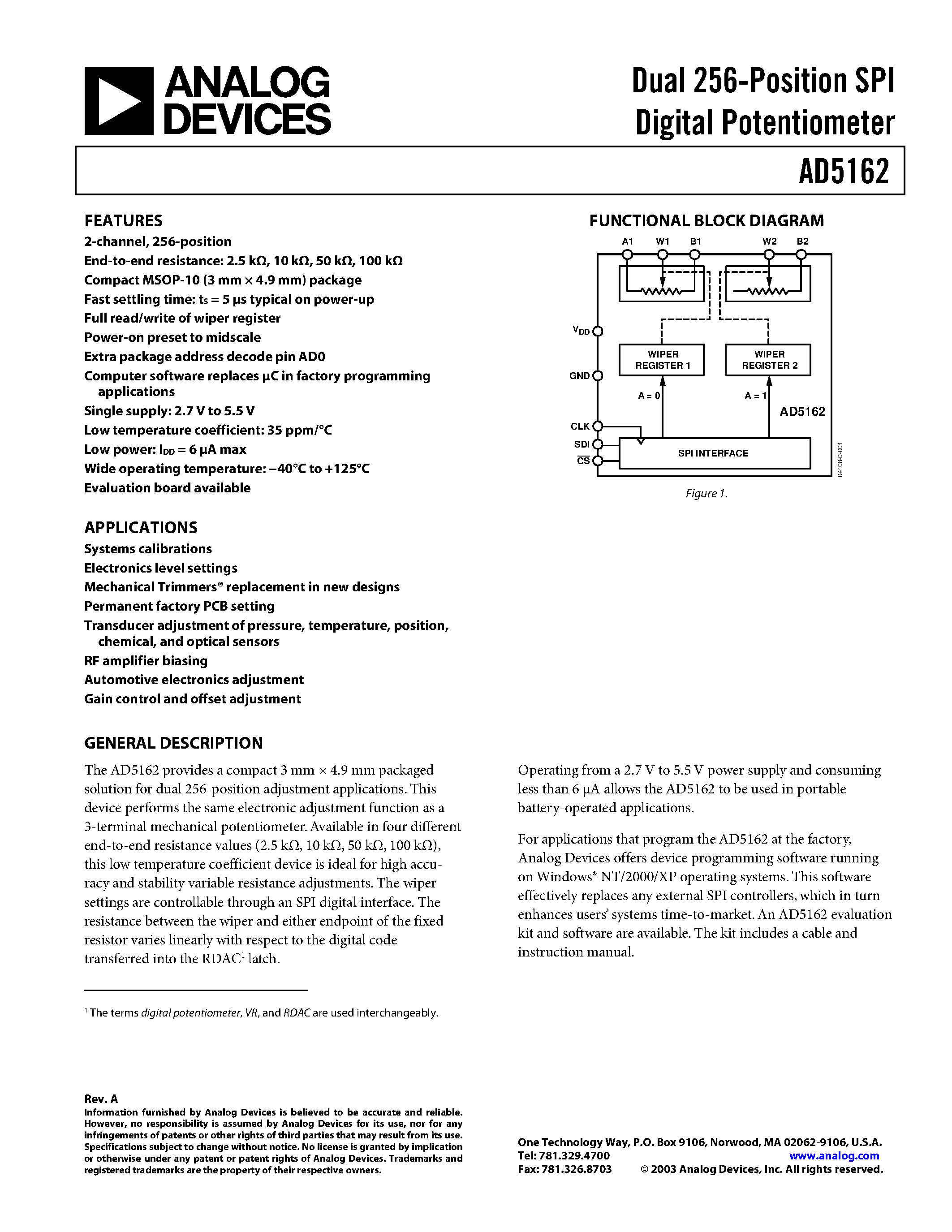 Datasheet AD5162BRM2.5 - Dual 256-Position SPI Digital Potentiometer page 1