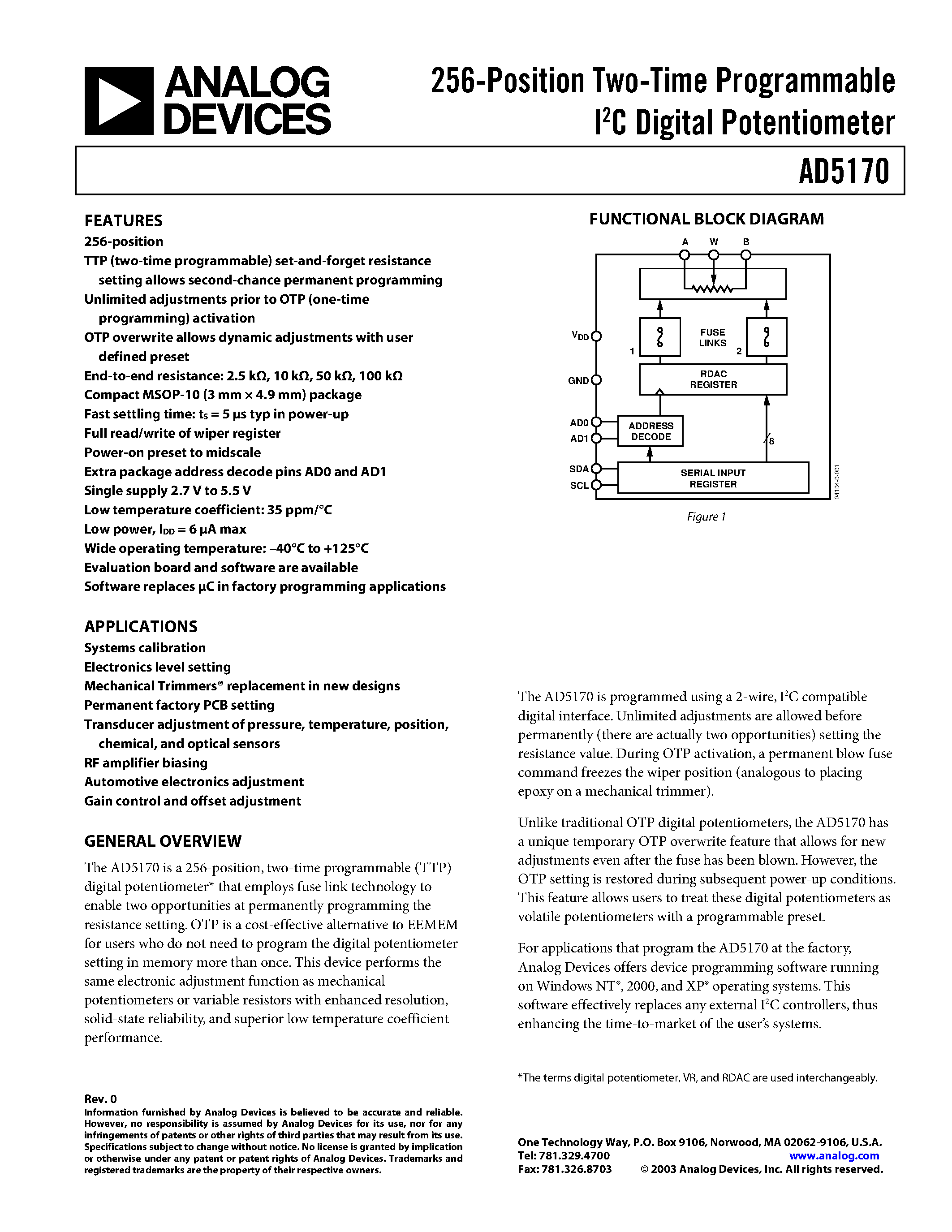 Datasheet AD5170BRM2.5 - 256-Position Two-Time Programmable I2C Digital Potentiometer page 1